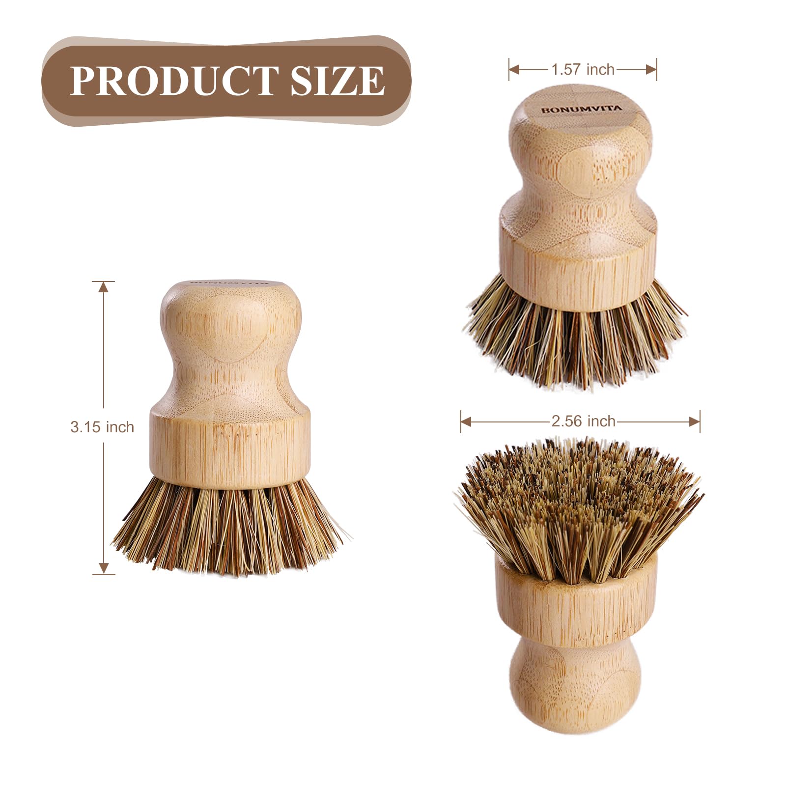 BOMUMVITA 4 Pack Bamboo Dish Brush with Palm Fiber (4 Count)