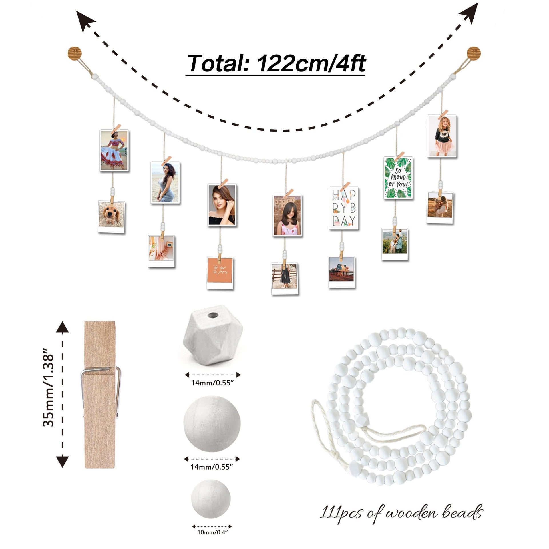 4 Feet Wooden Beads Garland with Clothespins Picture Cards Holder (4 Foot)