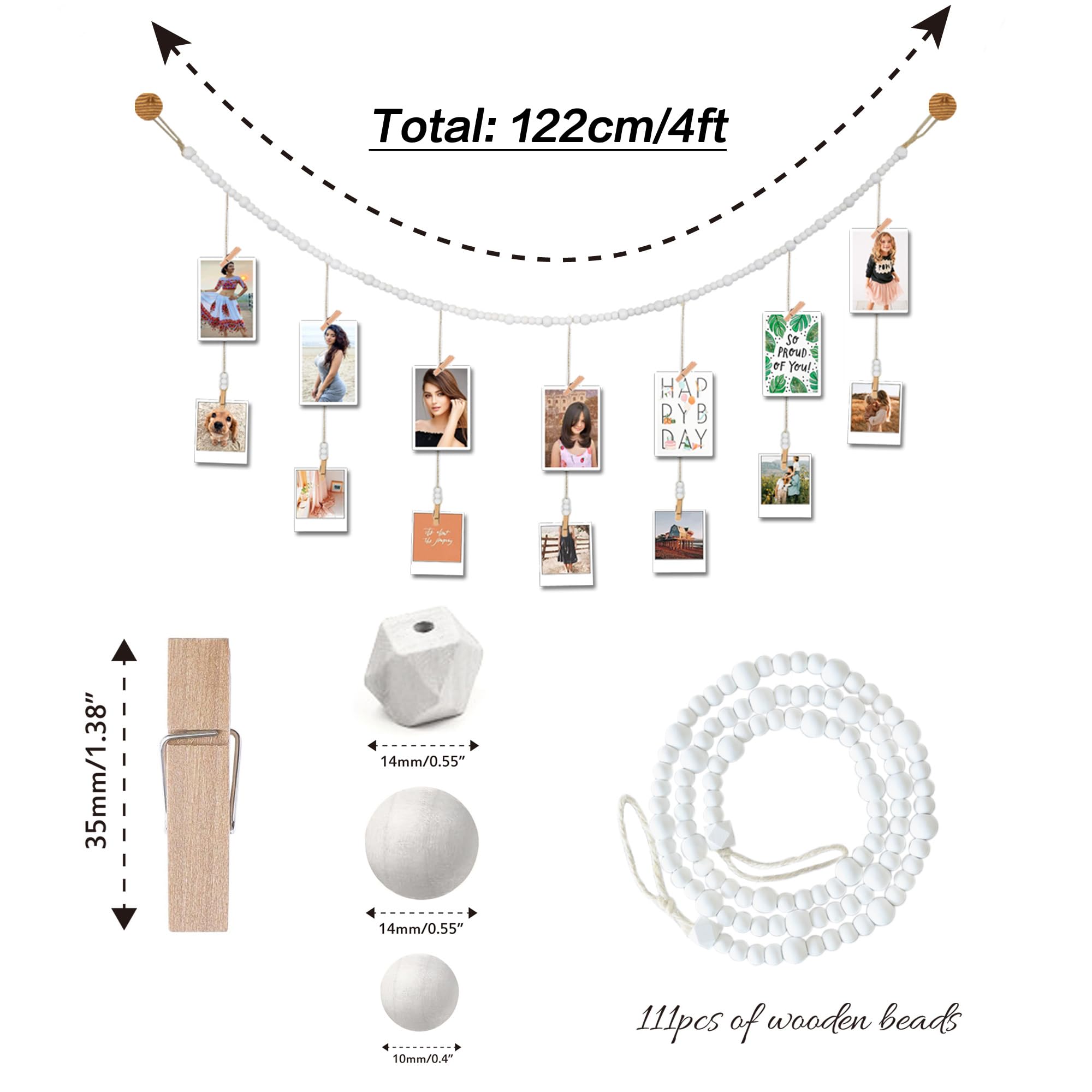4 Feet Wooden Beads Garland with Clothespins Picture Cards Holder (4 Foot)