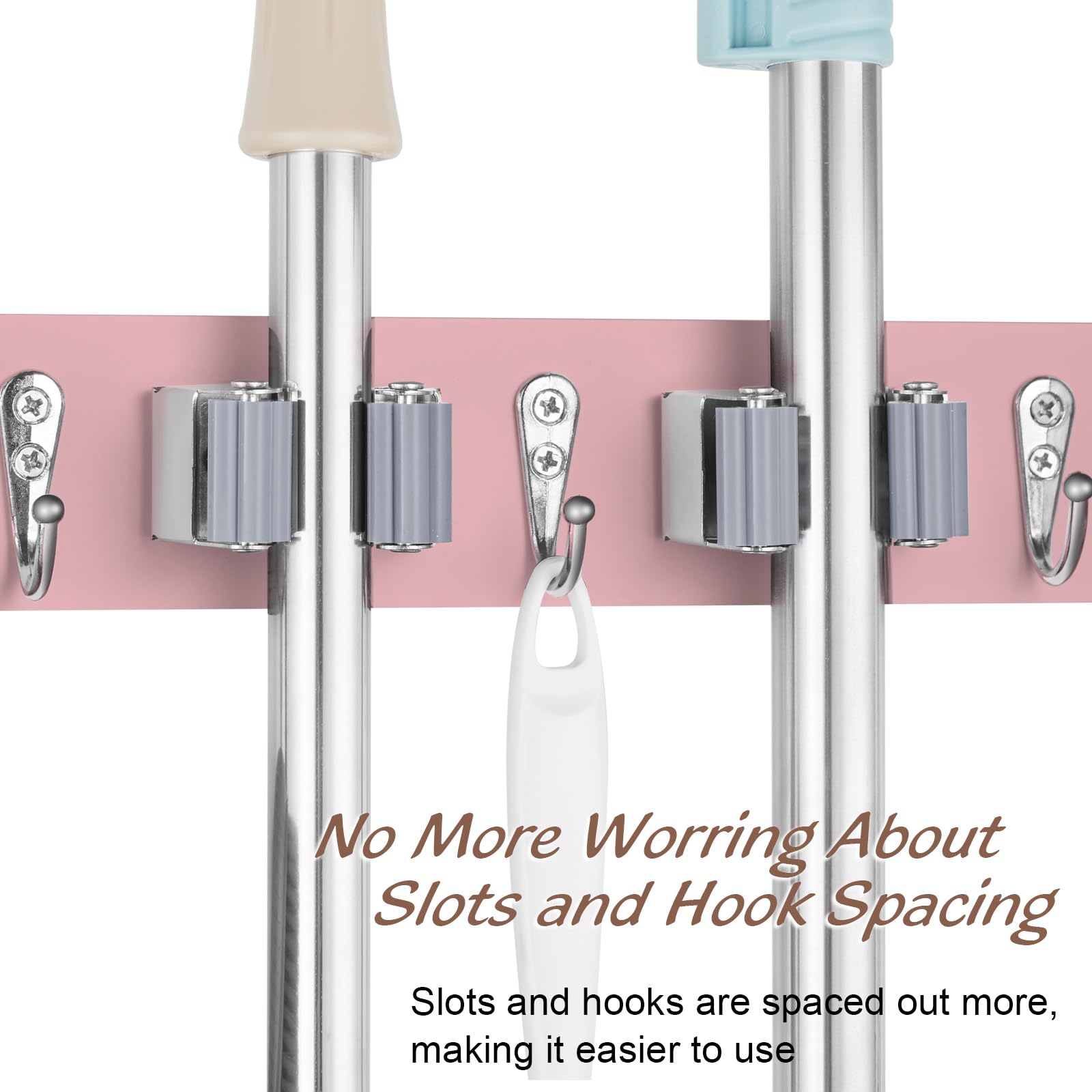 Pink Mop Broom Holder Wall Mount with 4 Slots & 4 Hooks