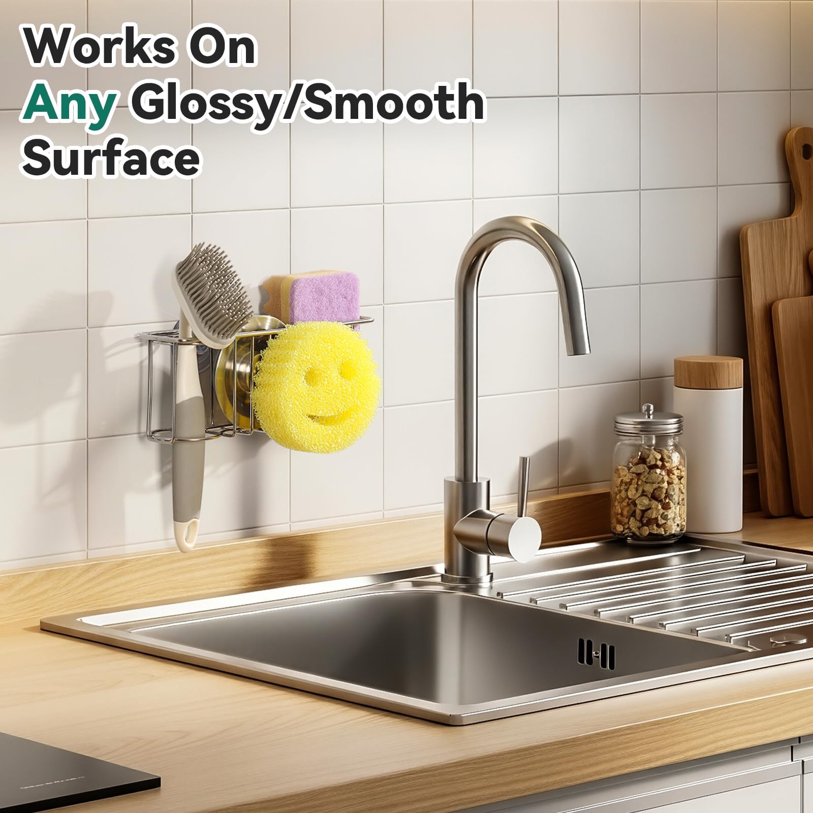 3-IN-1 Multiuse Sponge Holder for Kitchen Sink, Sponge Caddy for Scrub Daddy/Scrub Mommy Smiley Face, Sink Organizer Accessories for Dish Brush, Scrubber - with 2 Suction Cups & 1 Adhesive Hook