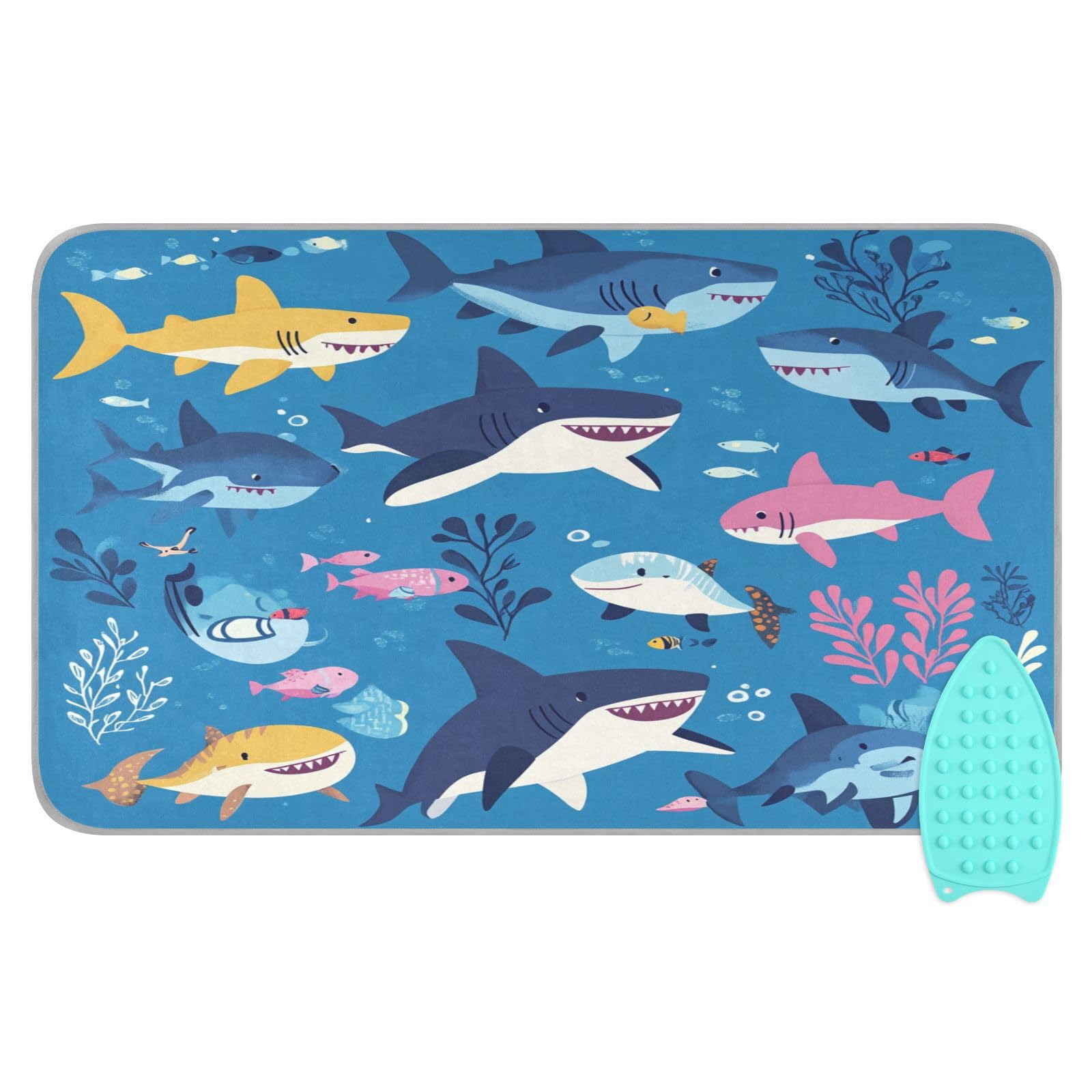 Sharks Fishes and Seaweed Blue Ironing Mat Thickened Ironing Blanket Travel Portable Double