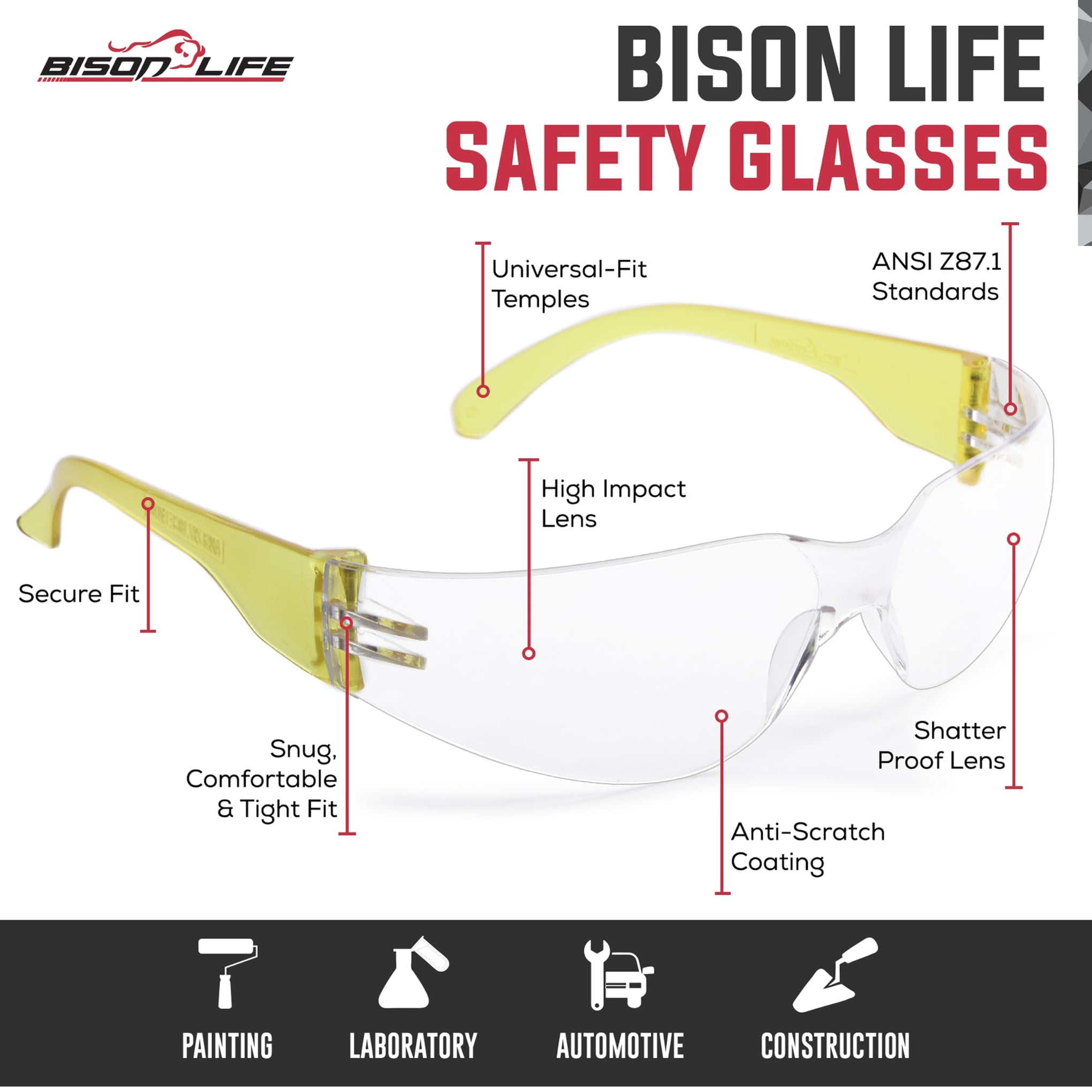 Clear Lens Yellow Temple Safety Glasses Bulk 6 Pack (6 Count)