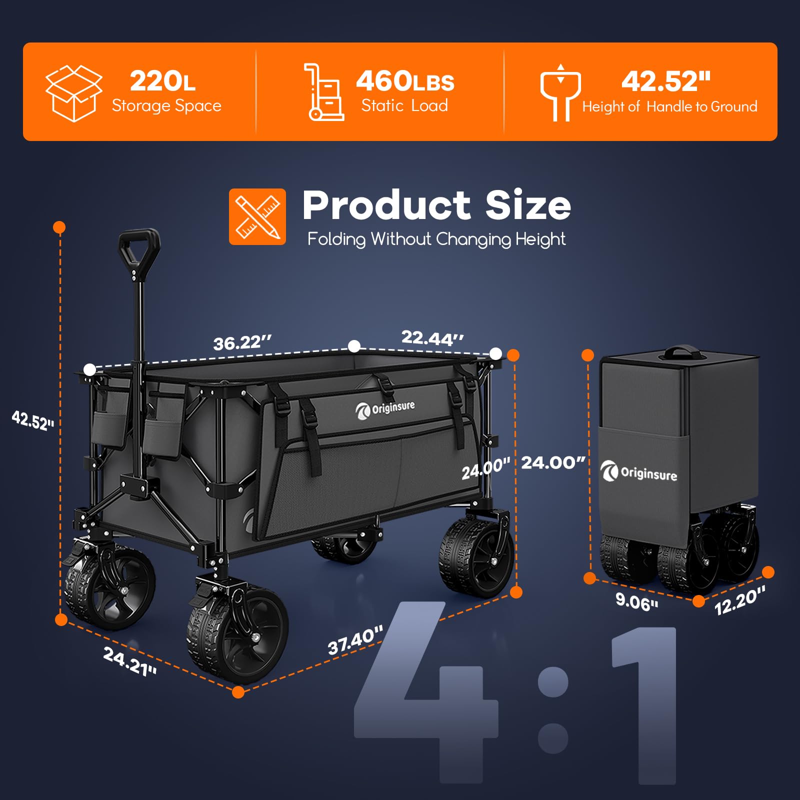 220L Collapsible Beach Wagon Cart with Big Wheels