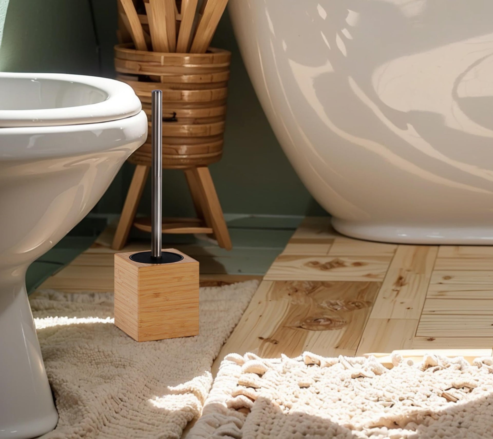 Toilet Bowl Brush Holder with Bamboo and Stainless Steel for Durable Use