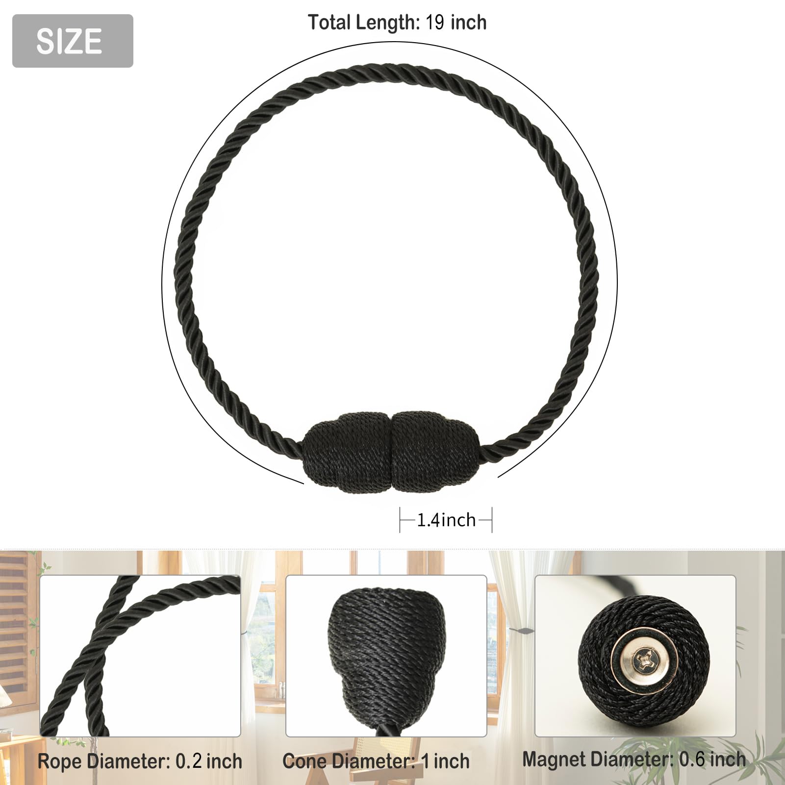 Magnetic Curtain Tiebacks Rope Curtain Tie Backs for Curtains 4 Pack Curtain Holders for Drapes Decorative Window Curtain Holdbacks