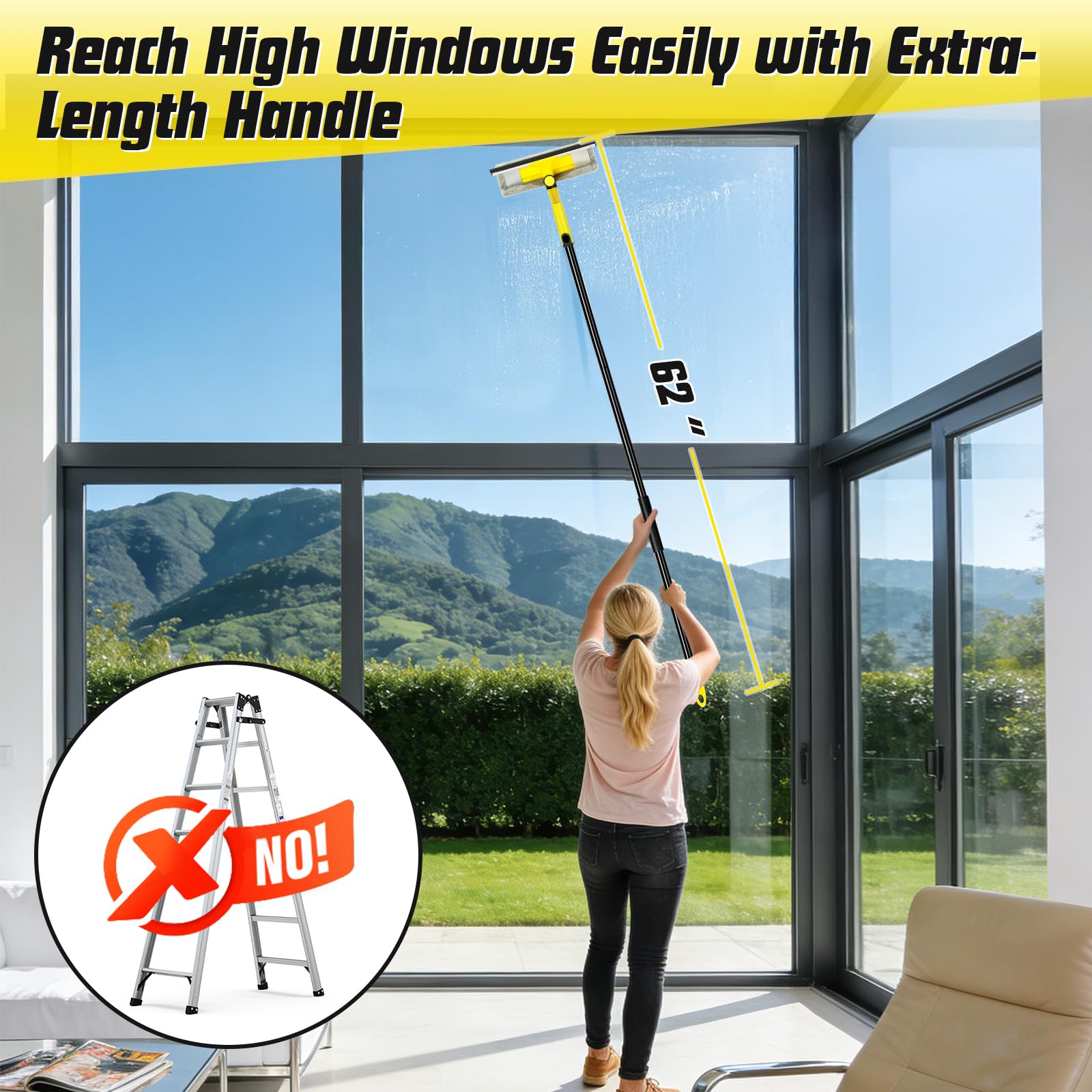 Professional Window Squeegee with 60" Extension Pole for Home