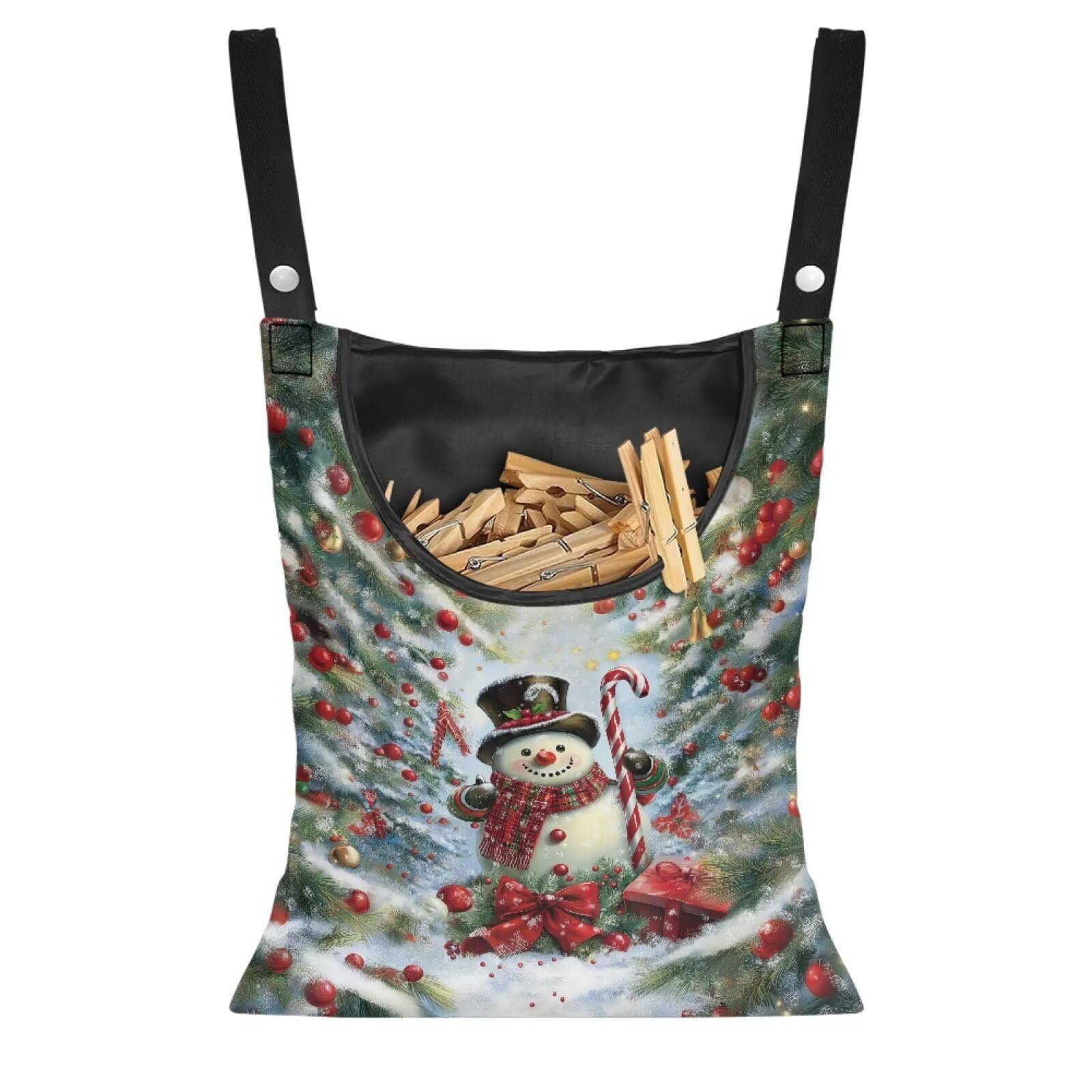 Snowman Clothespin Bag Christmas 2025 Hanging Storage Organizer Clothes Pin Bag Waterproof Laundry Clothespin Bag Clothespin Holder with Hanger Hook for Easy Hang and Large Opening