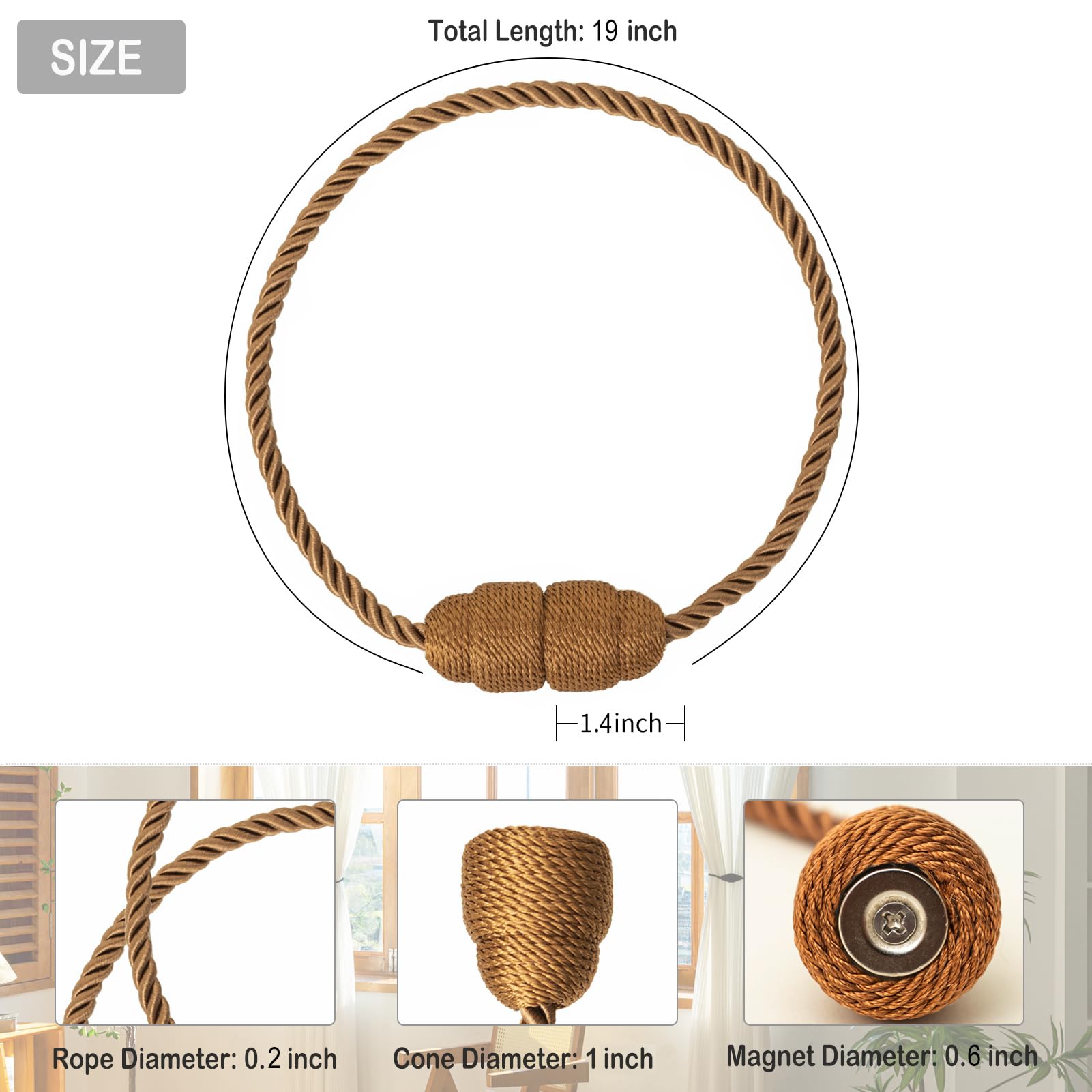 Magnetic Rope Curtain Tiebacks 6 Pack Holders for Drapes and Curtains (6 Count)