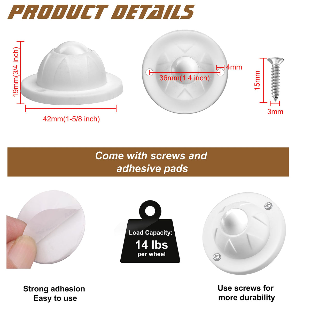 12 Pack Self Adhesive Caster Wheels for Kitchen Appliance Rollers (12 Count)