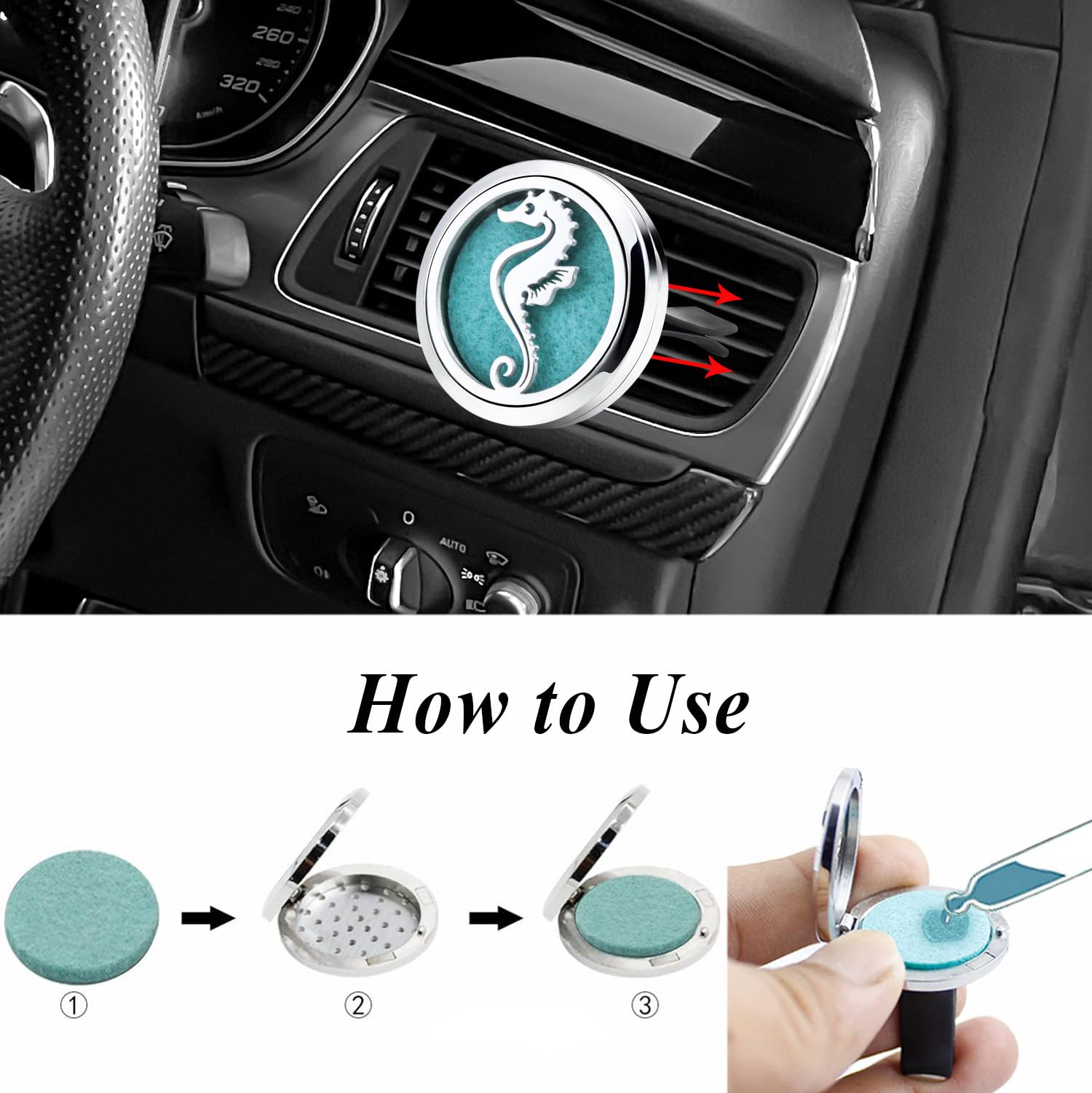 Car Essential Oil Diffuser Vent Clip Car Diffuser Vent Clips Hippocampus Air Freshener 10 Felt Pads Car Accessories for Women Gifts