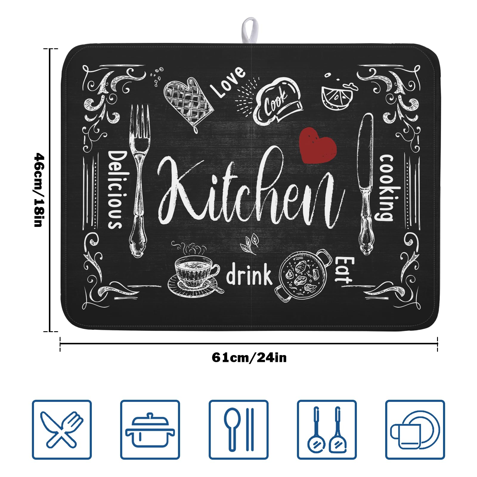 Black Coffee Bar Dish Drying Mats for Kitchen Counter 18x24 Inch