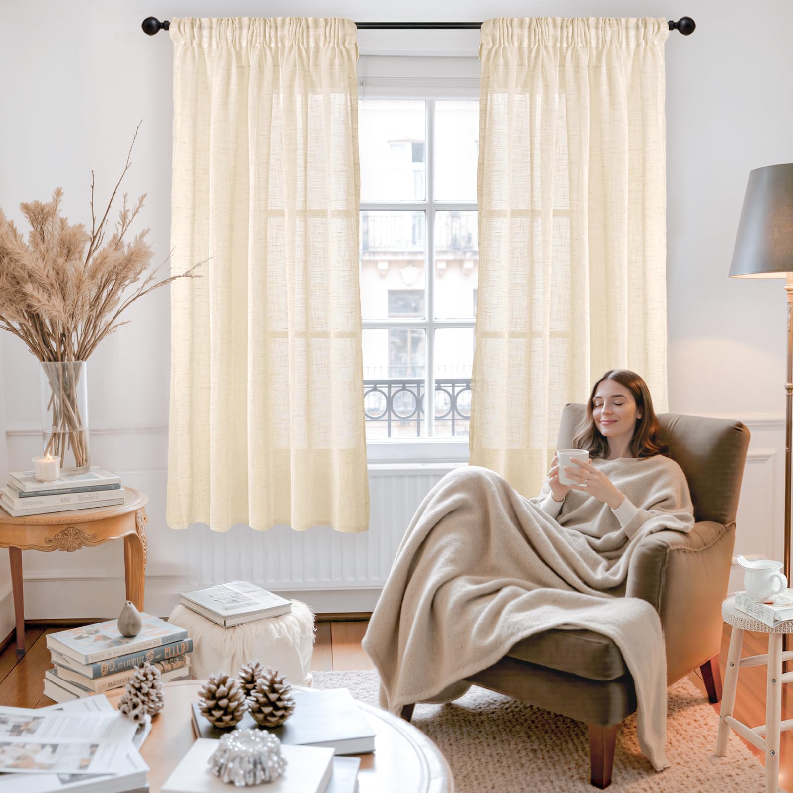 Cream Beige Linen Semi Sheer Curtains 42 X 63 Inch Length 2 Panels Set (2 Count)