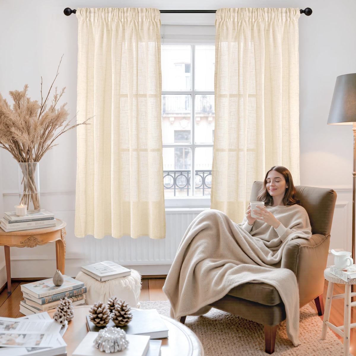 Linen Semi Sheer Curtains 63 Inch Length Cream Beige Drapes (2 Count)