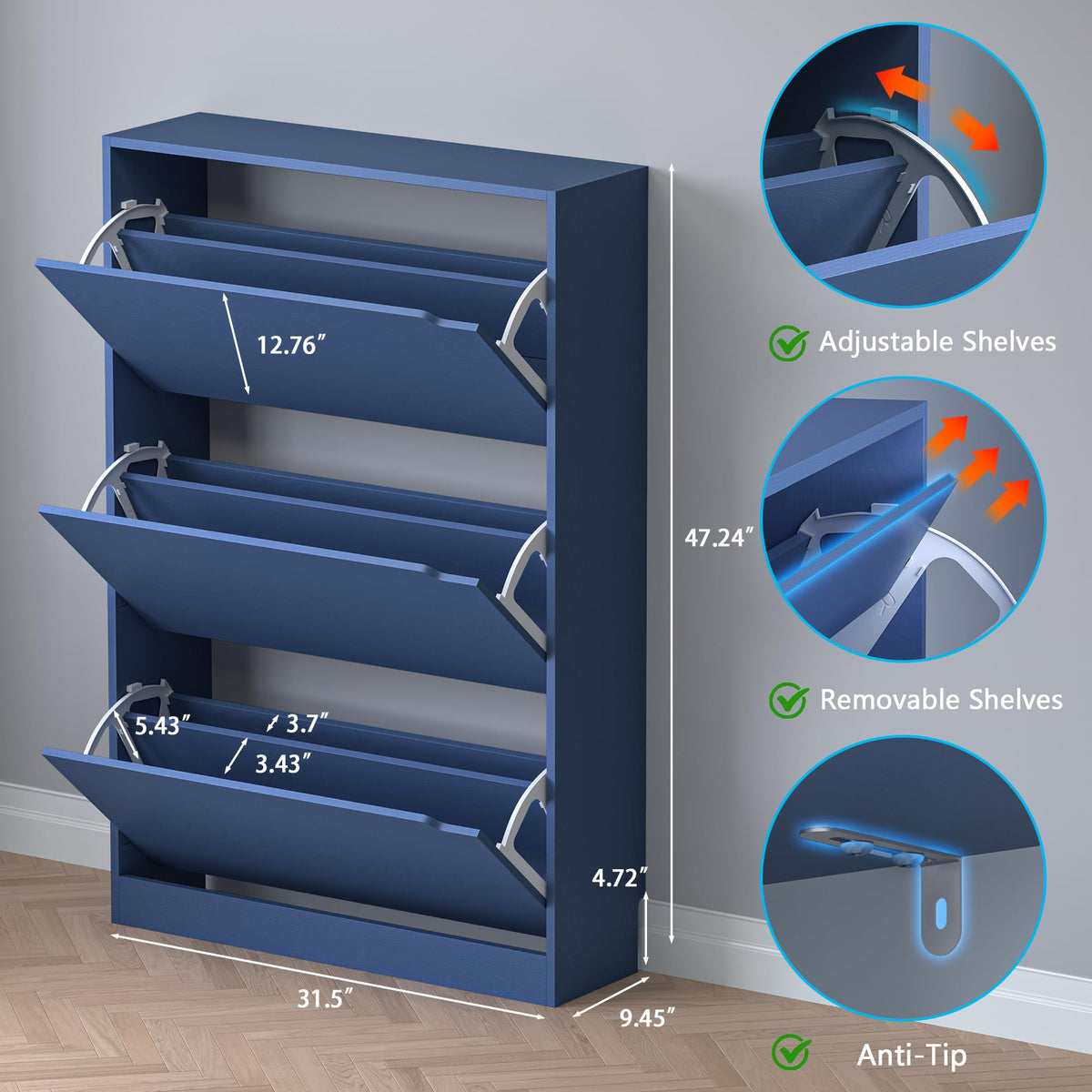 Shoe Cabinet with 3 Flip Drawers