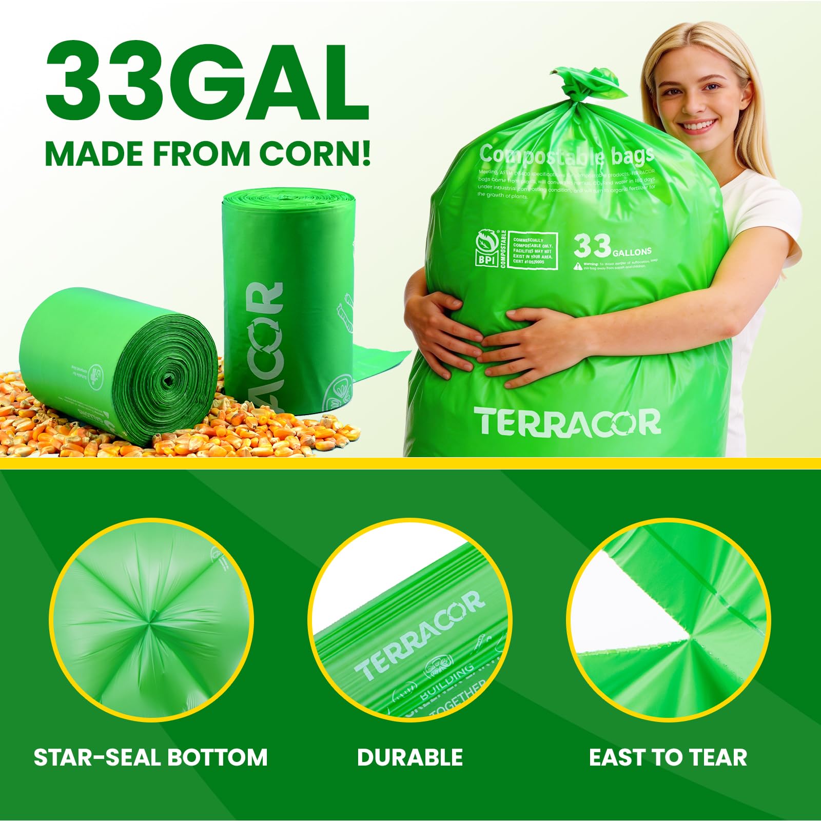 30 33 Gallon Compostable Trash Bags Liners Flat (30 Count)