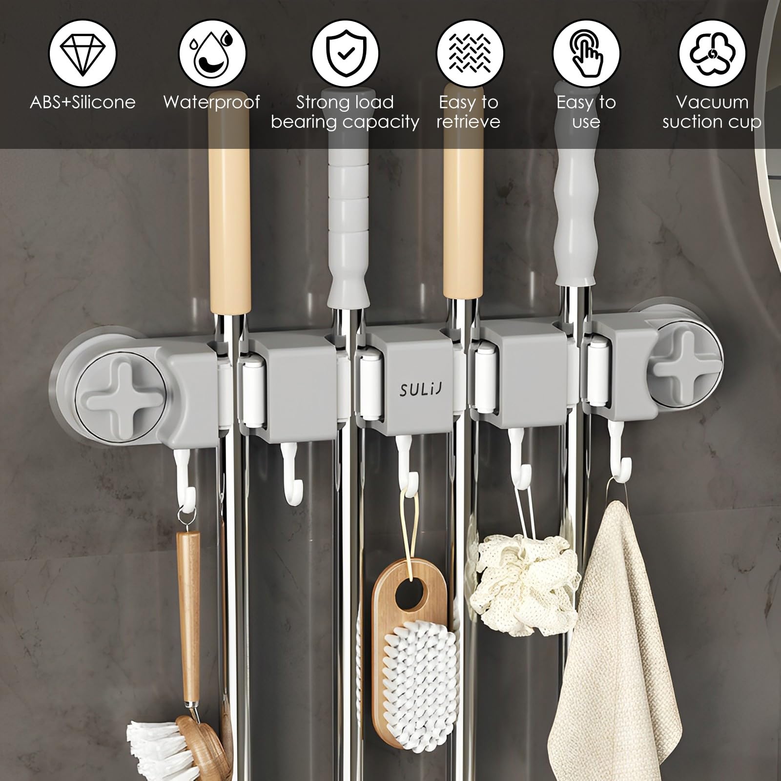 Broom Holder Wall Mount Sturdy Mop and Broom Organizer with 4 Racks and 5 Hooks Vacuum Suction Cup Broom Mop Holder for Home