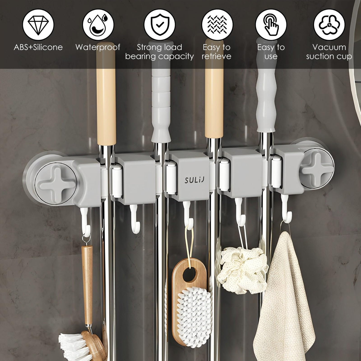 Broom Holder Wall Mount Sturdy Mop and Broom Organizer with 4 Racks and 5 Hooks Vacuum Suction Cup Broom Mop Holder for Home