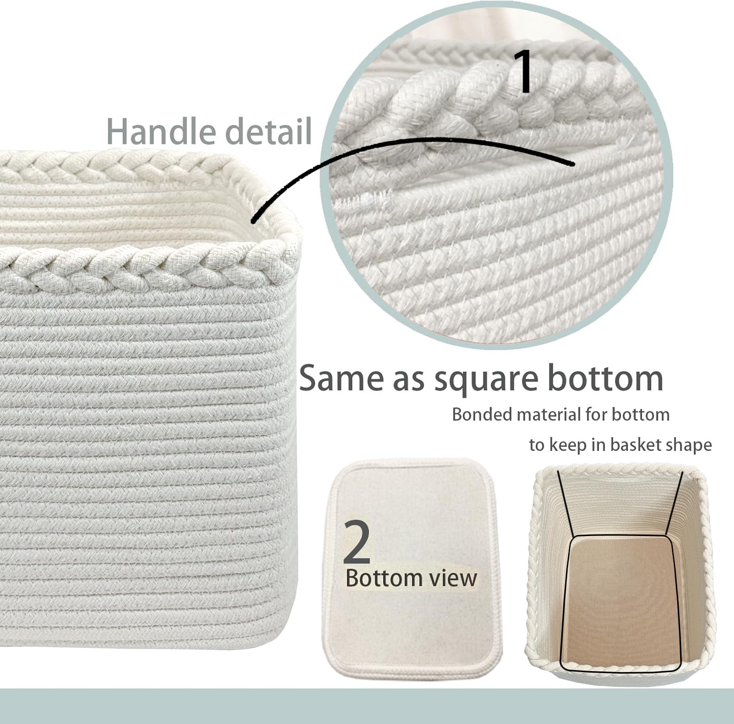 3PACK Cotton Rope Square Basket with Handles for Shelves (3 Count)