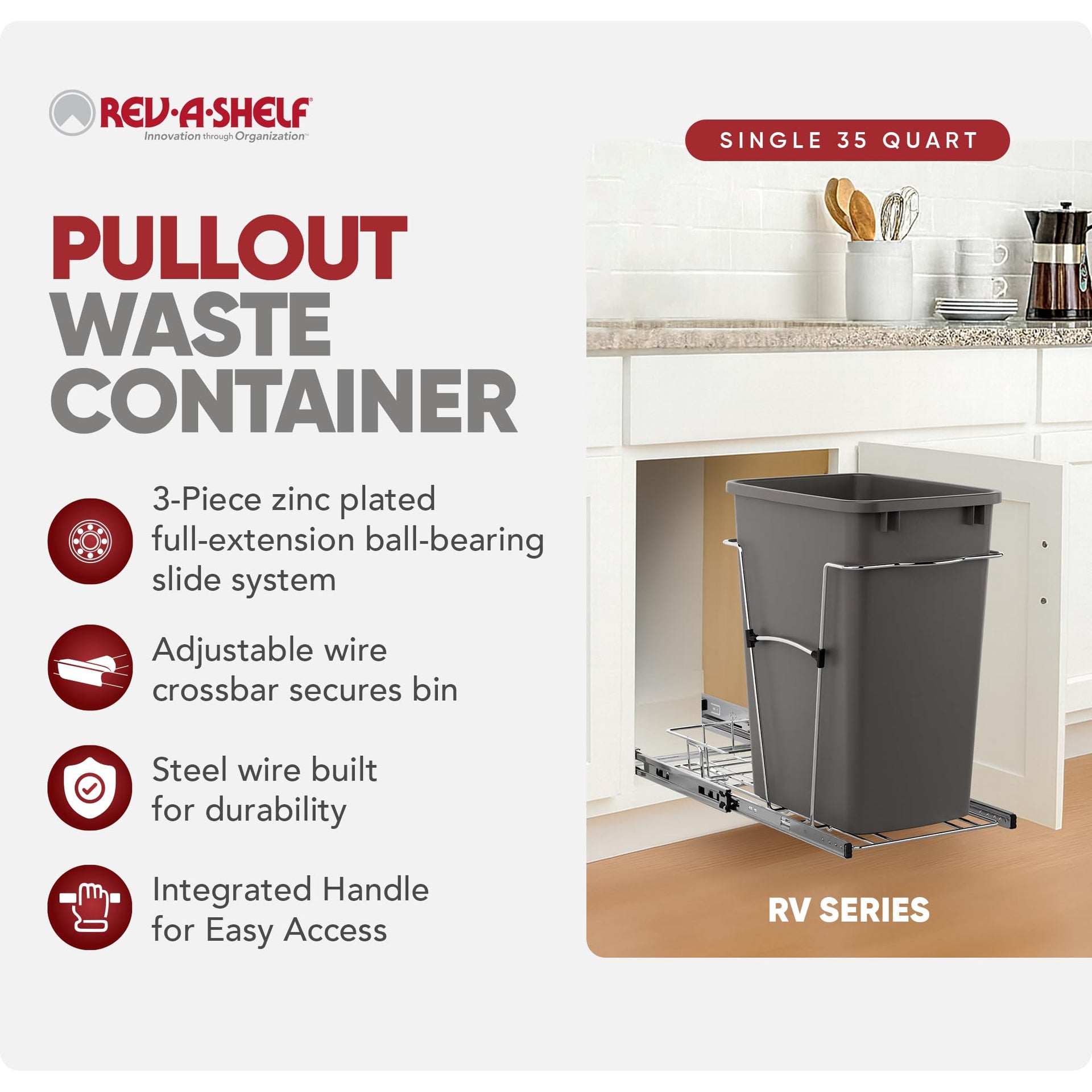 Single 35 Qt Pullout Trash Can for Base Kitchen Cabinets