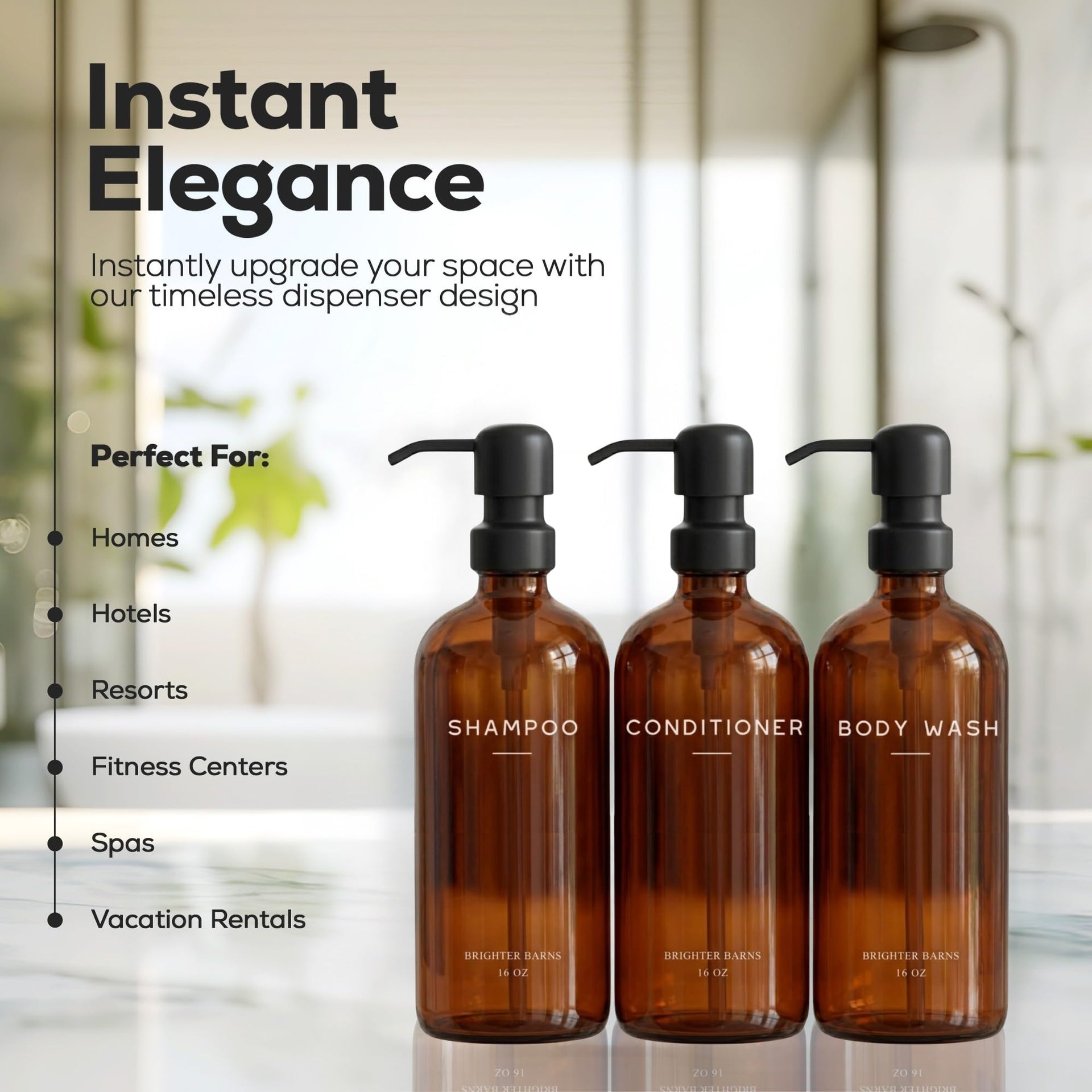 Amber Shampoo and Conditioner Dispenser Set by Brighter Barns (3 Count)
