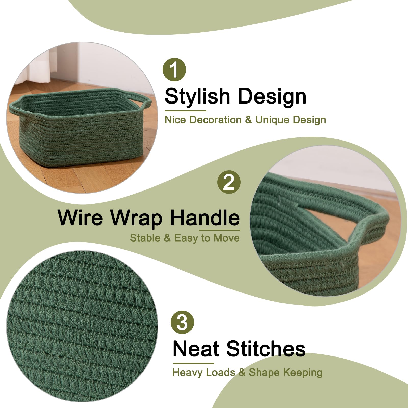 3 Pack Storage Baskets for Shelves Cotton Rope Storage Bins Green (3 Count)
