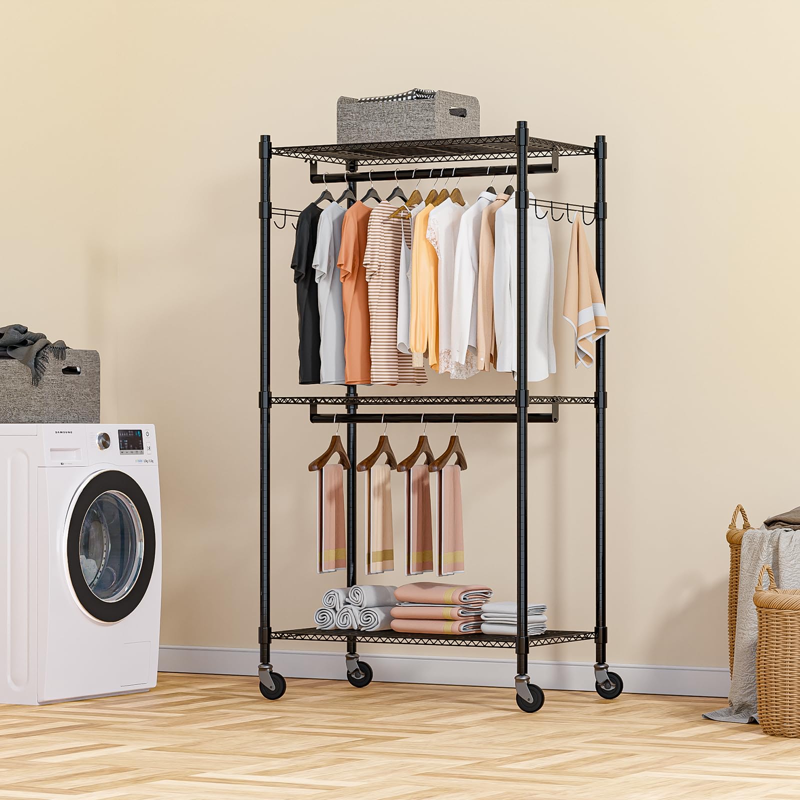 Heavy Duty Clothing Rack with 3 Tier Adjustable Wire Shelves