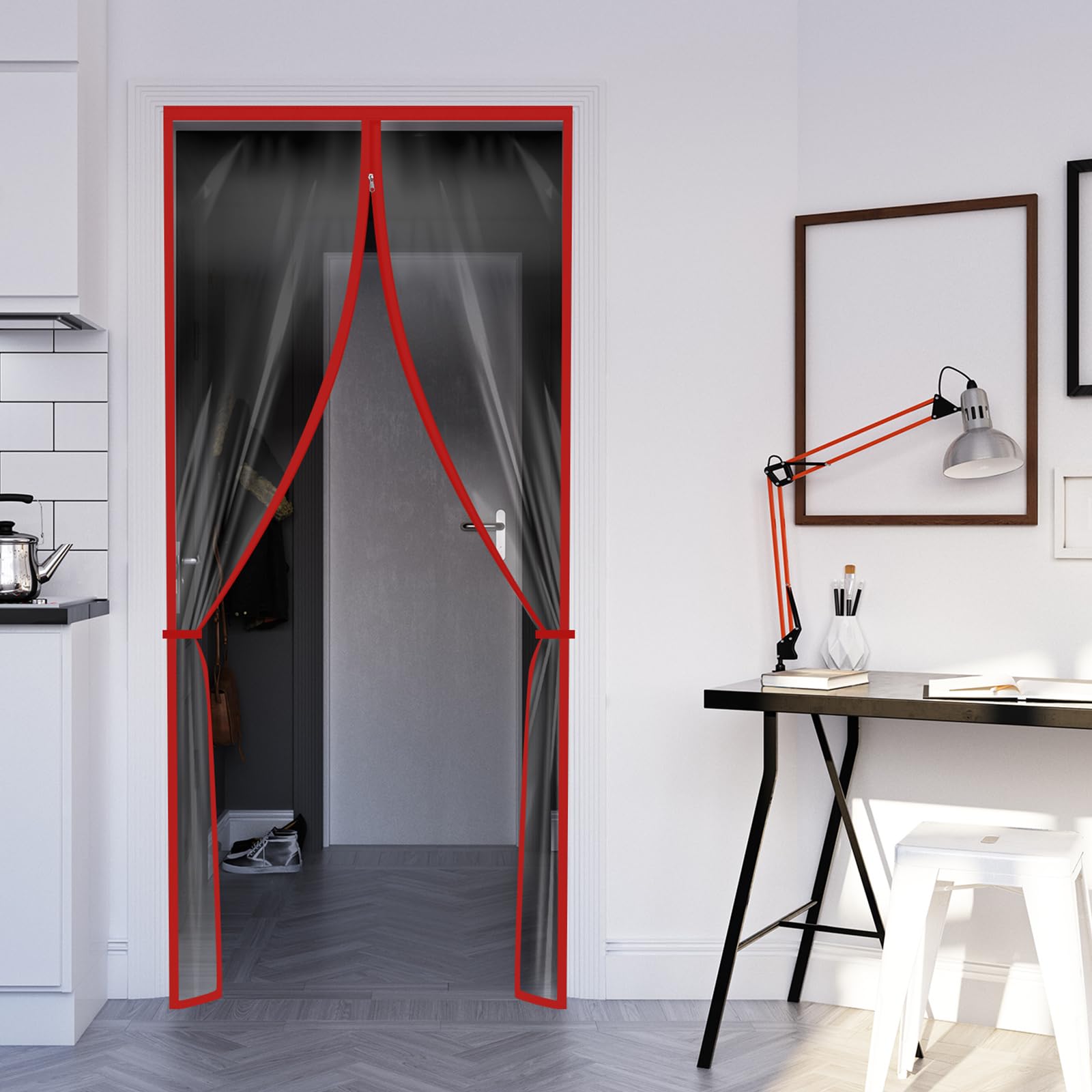 Zipper 60 x 102 Inch Dust Barrier Kit Red Edged Temporary Construction Door Barrier 5 x 8.5 ft Reusable Plastic Curtain Cover Containment Doorway Wall Screen Sheeting for Bathroom Hallway