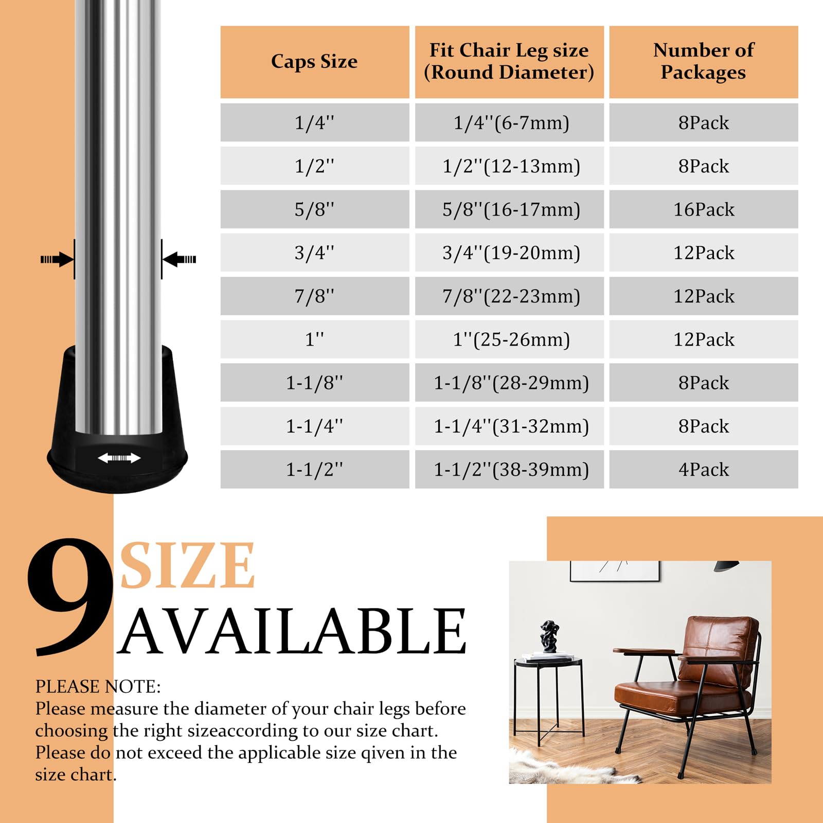 1" Round Rubber Chair Leg Tips Caps (24 Count)