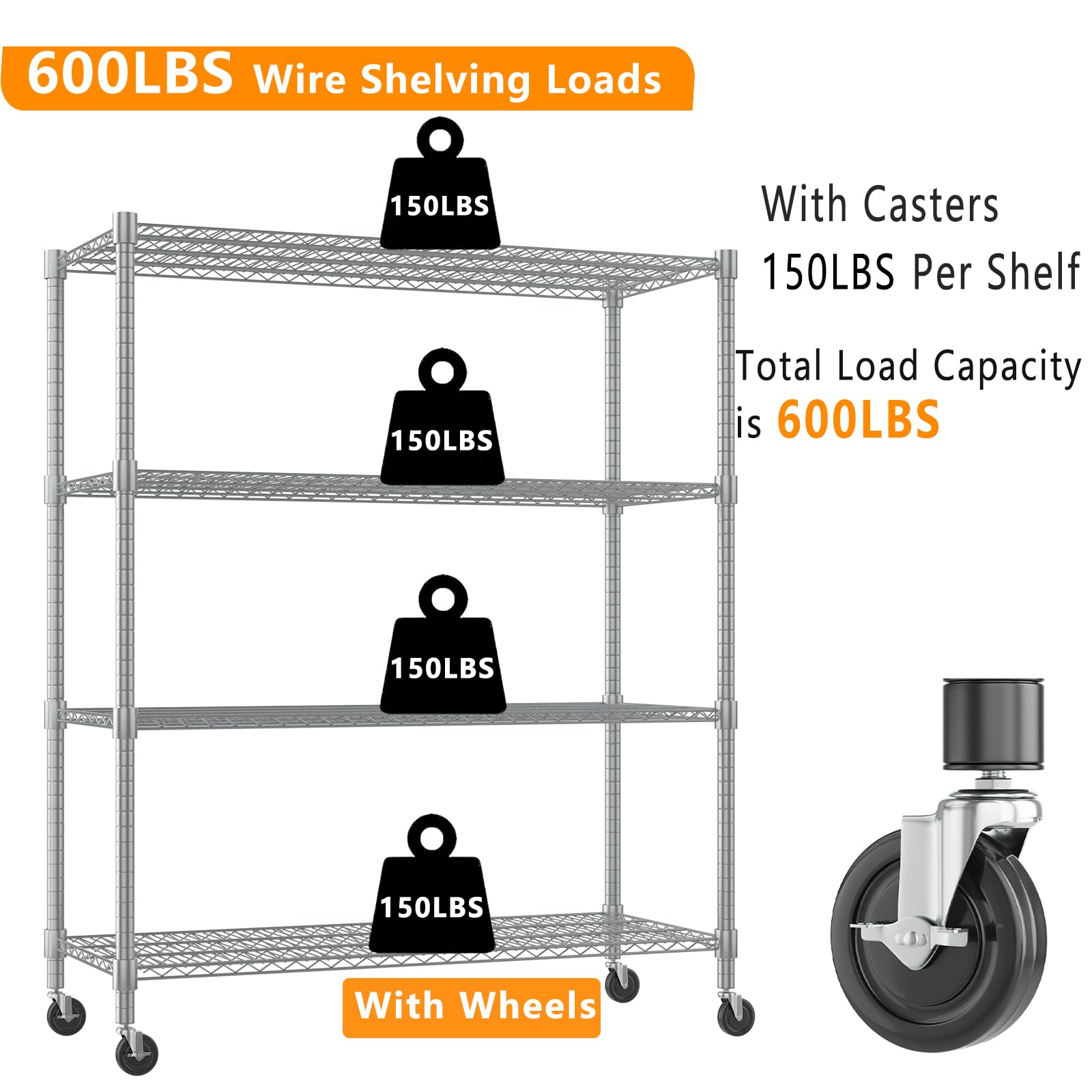 Storage Shelves 60"W Wire Shelving with Wheels 2600LBS Heavy Duty Metal Shelves for Storage