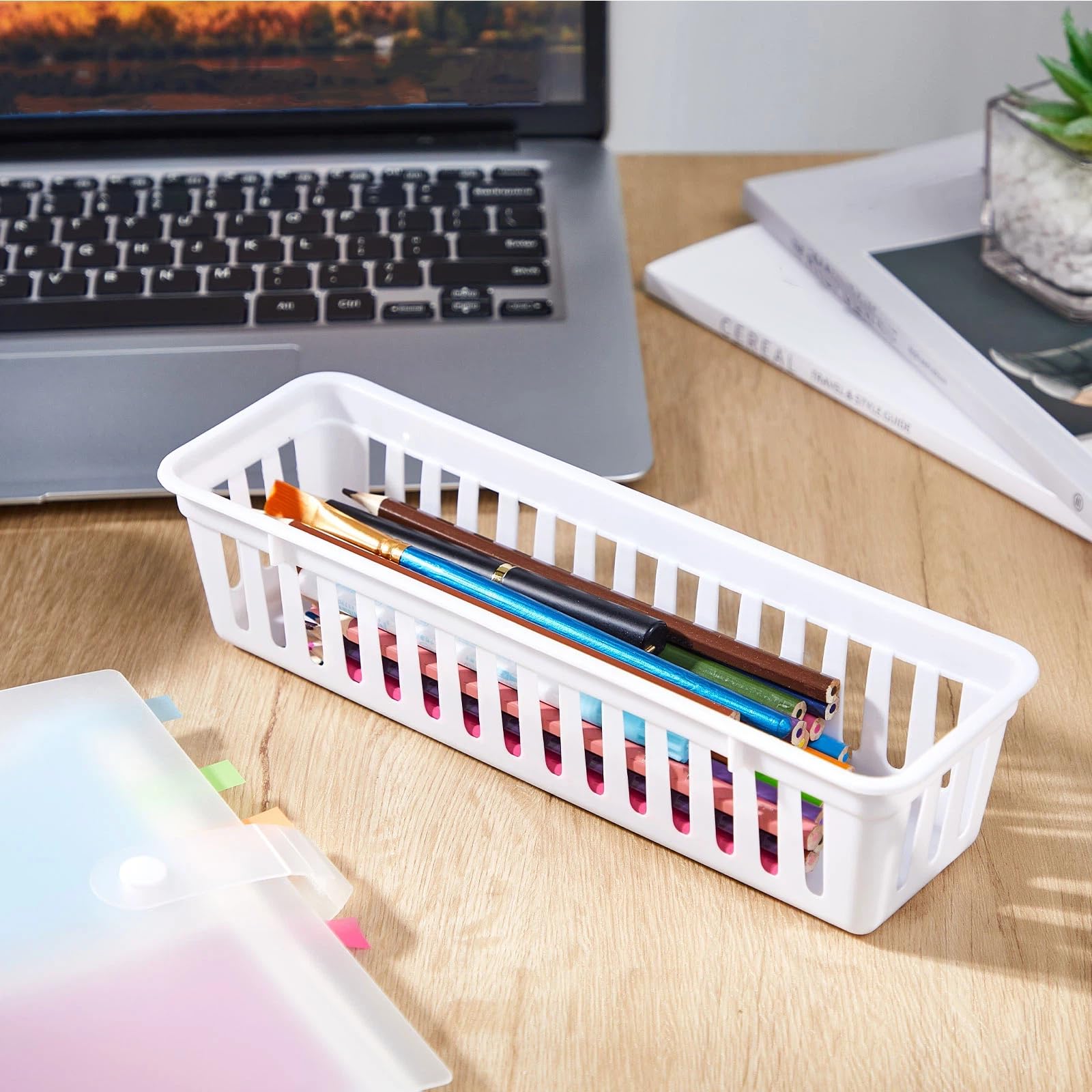 12 Pack Slim Plastic Storage Baskets Tray for Organizing 10.25x3.25x2.5 Inch Small Narrow Storage Bins Stackable Drawer Pencil Trays Holder for Desk Garage Cabinet Container (12 Count)