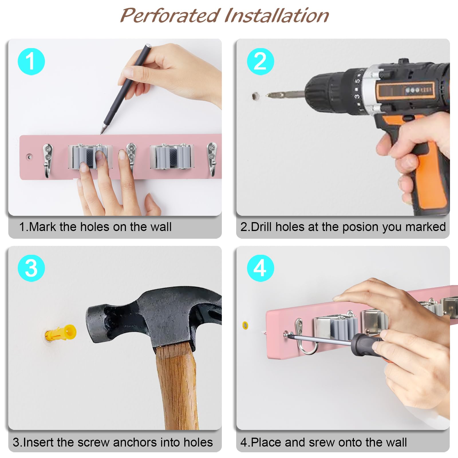 Pink Mop Broom Holder Wall Mount with 4 Slots & 4 Hooks