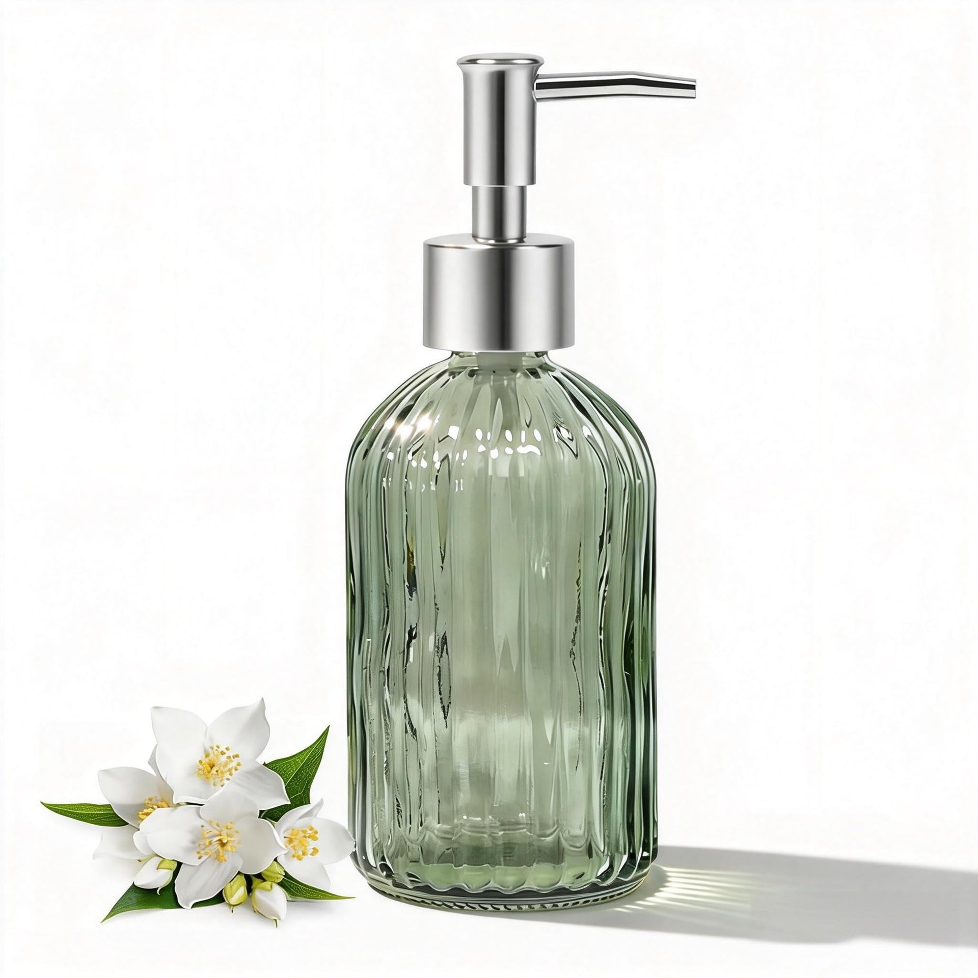 14 Oz Green Glass Soap Dispenser with Silver Plastic Pump