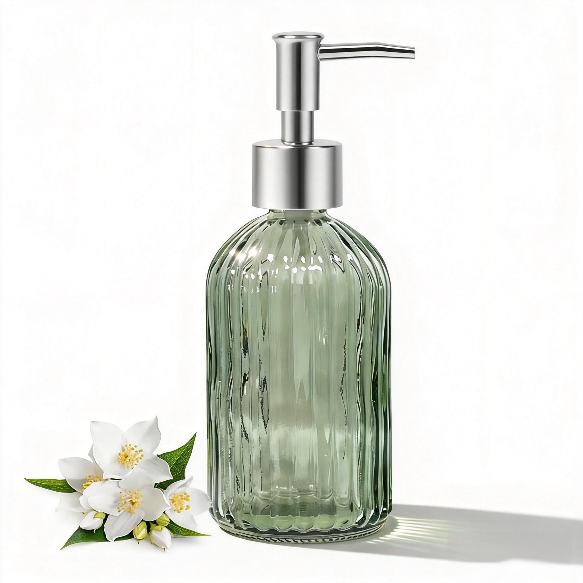 14 Oz Green Glass Soap Dispenser with Silver Plastic Pump