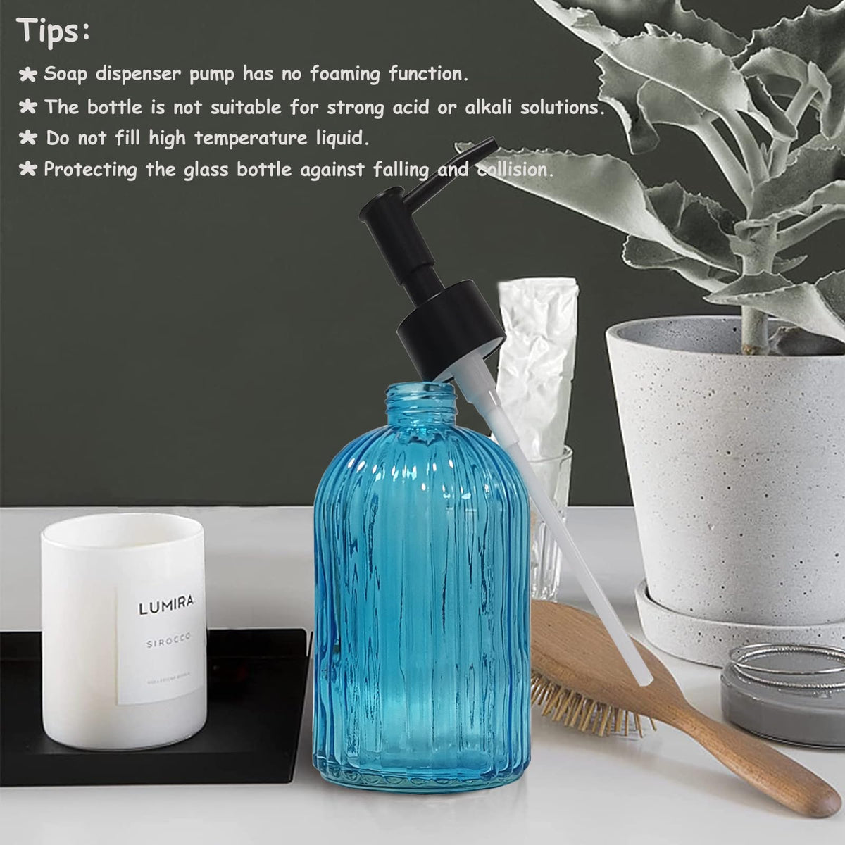 Blue Glass Soap Dispenser Set with Black Pump