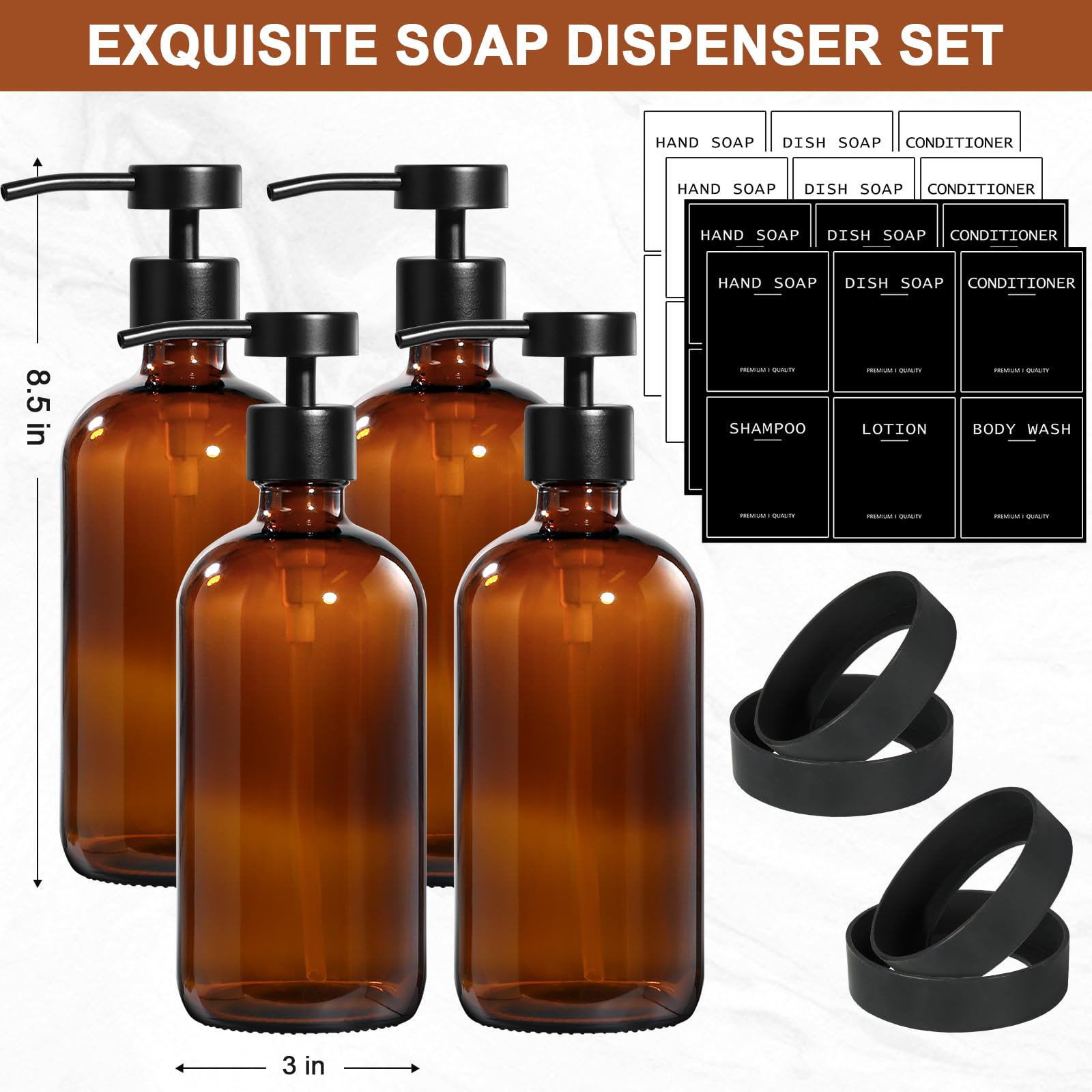 Amber Glass Soap Dispenser 4 Pack (16.9 Fl Oz)
