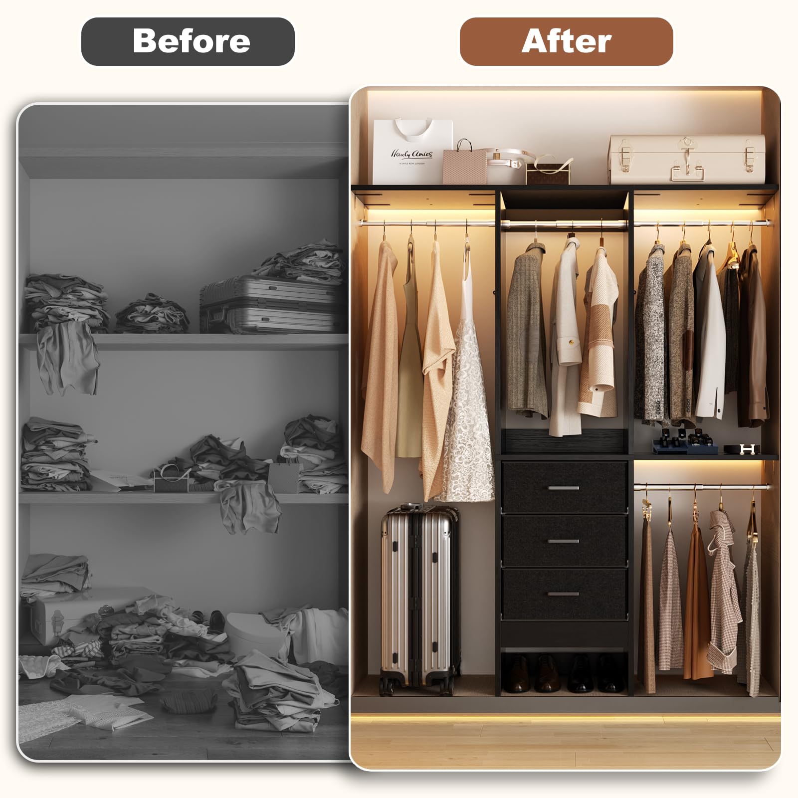 4FT Small Closet System with 3 Fabric Drawers