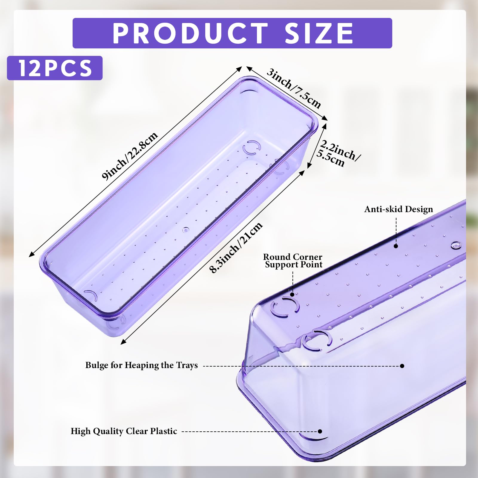 12 Pcs Clear Drawer Organizer 9 x 3 x 2 Inches Plastic Rectangle Trays Makeup Vanity Storage Bins and Kitchen Drawers Dividers for Office Desk Silverware Kitchen Utensils (12 Count)