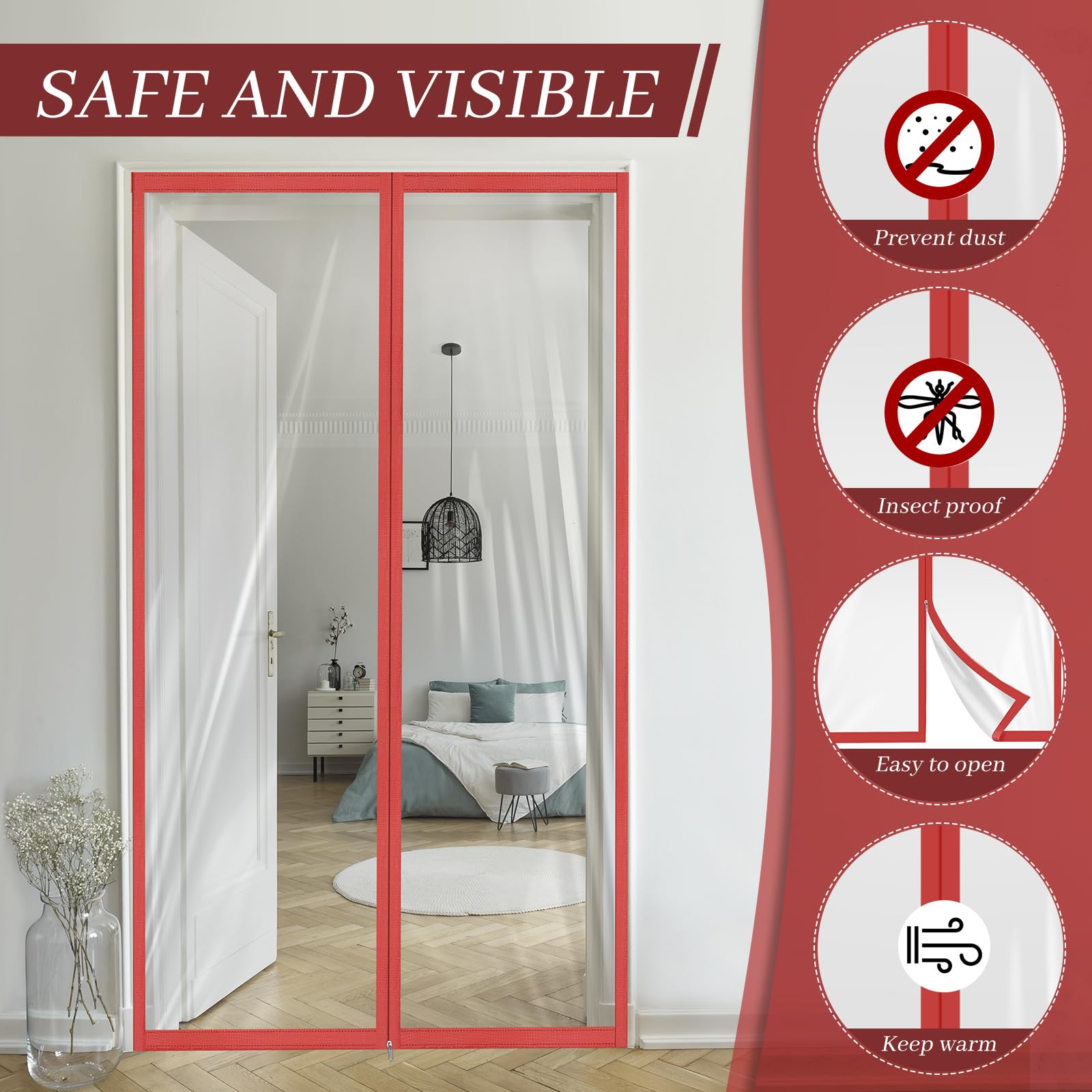 Zipper 60 x 102 Inch Dust Barrier Kit Red Edged Temporary Construction Door Barrier 5 x 8.5 ft Reusable Plastic Curtain Cover Containment Doorway Wall Screen Sheeting for Bathroom Hallway