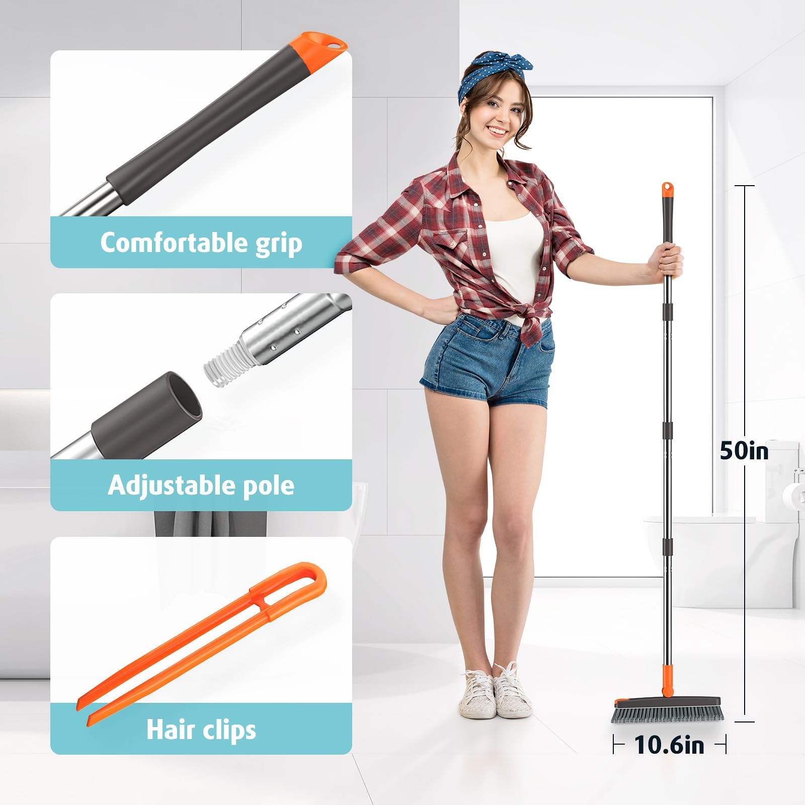 Heavy Duty Grout Scrub Brush with Long Handle & Hair Clip