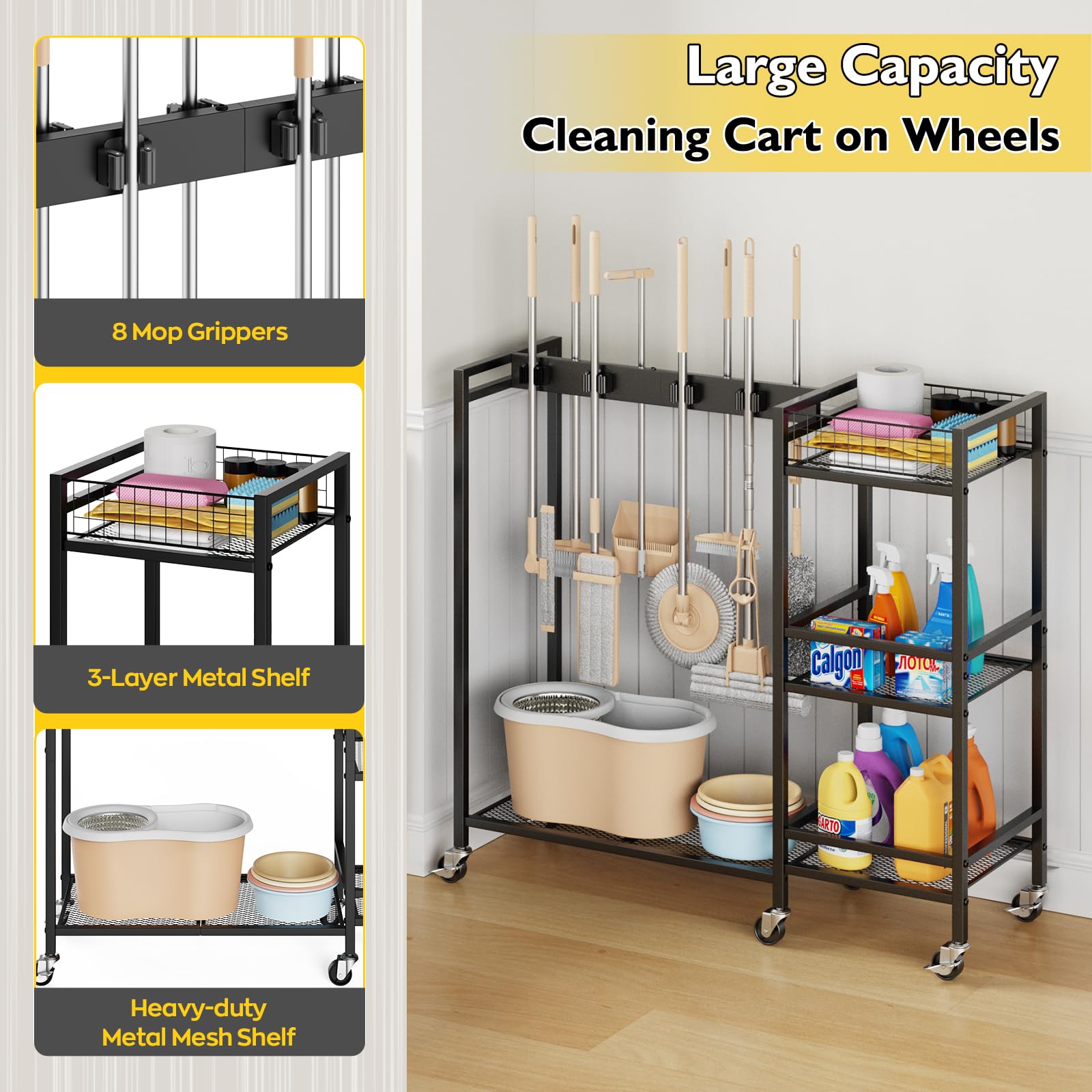 Broom Holder with Cleaning Supplies Organizer