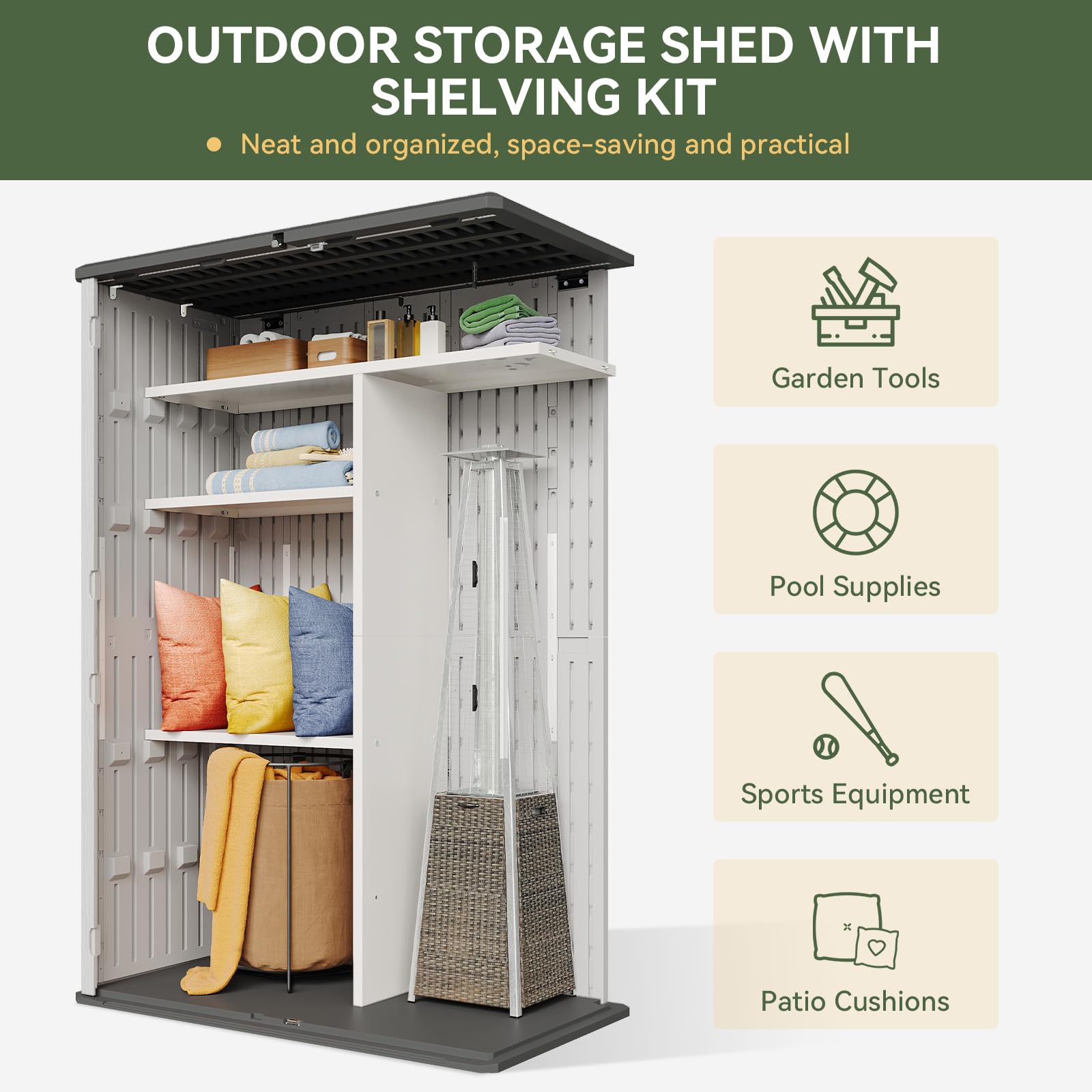 64 Cu.Ft Resin Storage Shed with Metal Shelving Kit & Floor