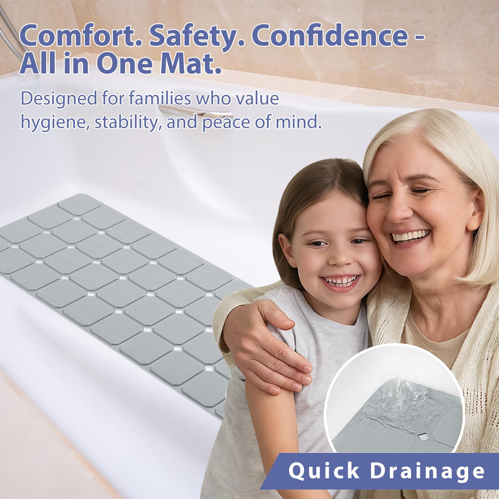 Bathtub Mat Non Slip Silicone Foldable Extra Long Tub Mat Strong Suction Cups & Large Drain Holes
