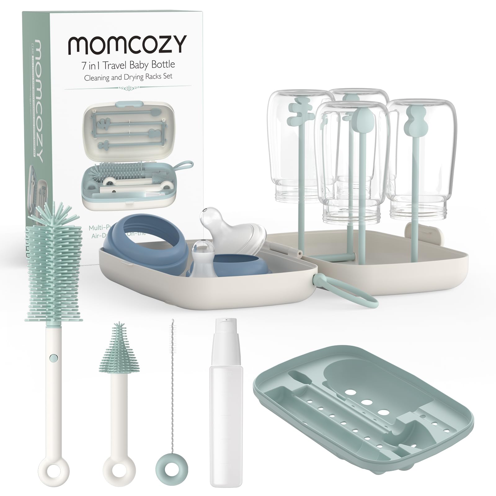 7-in-1 Baby Bottle Brush Set with Drying Rack, Green - ModHome Supplies