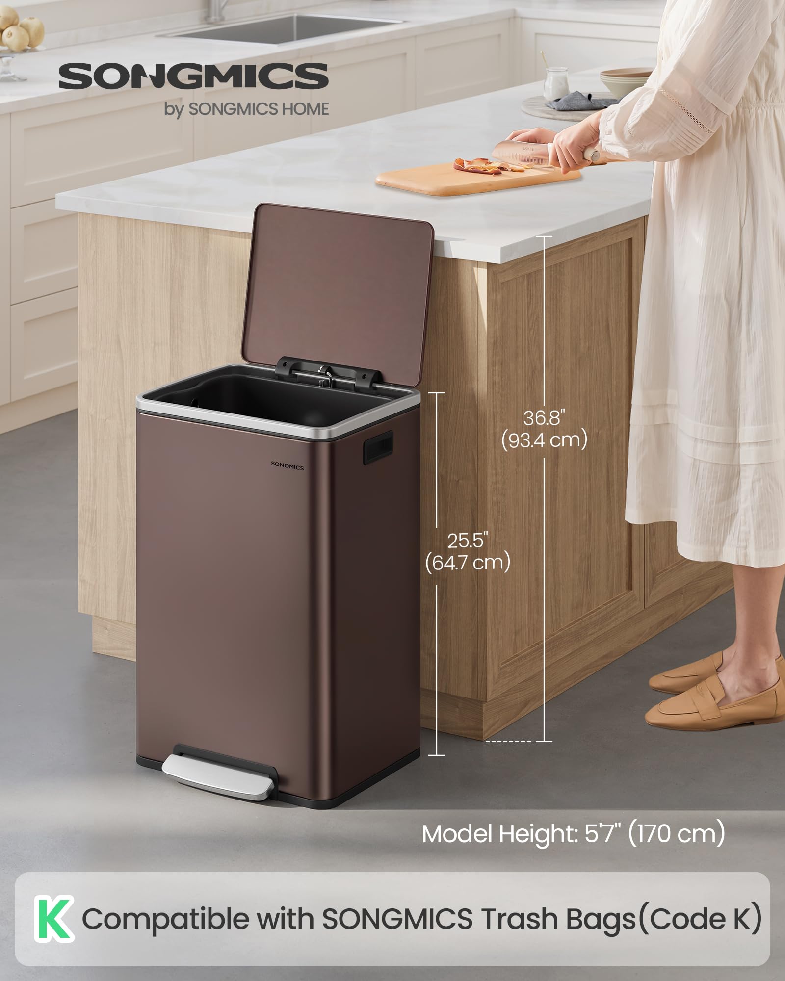 Trash Can, 13-Gallon, Stainless Steel, Soft-Close Lid