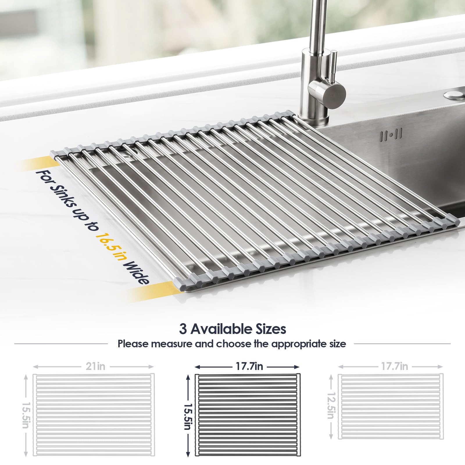 17.7" x 15.5" Roll Up Dish Drying Rack Over Sink Drying Rack Sink Cover Kitchen Sink Accessories Gadget Multipurpose Organizer Foldable Stainless Steel Drainer