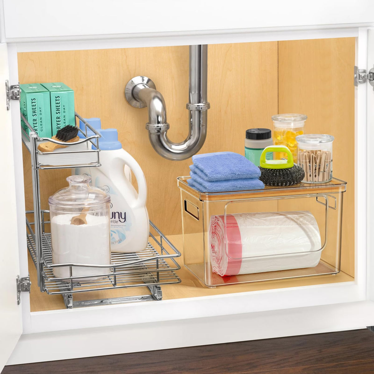 Stackable Storage with Bamboo Top for Laundry Room Organization