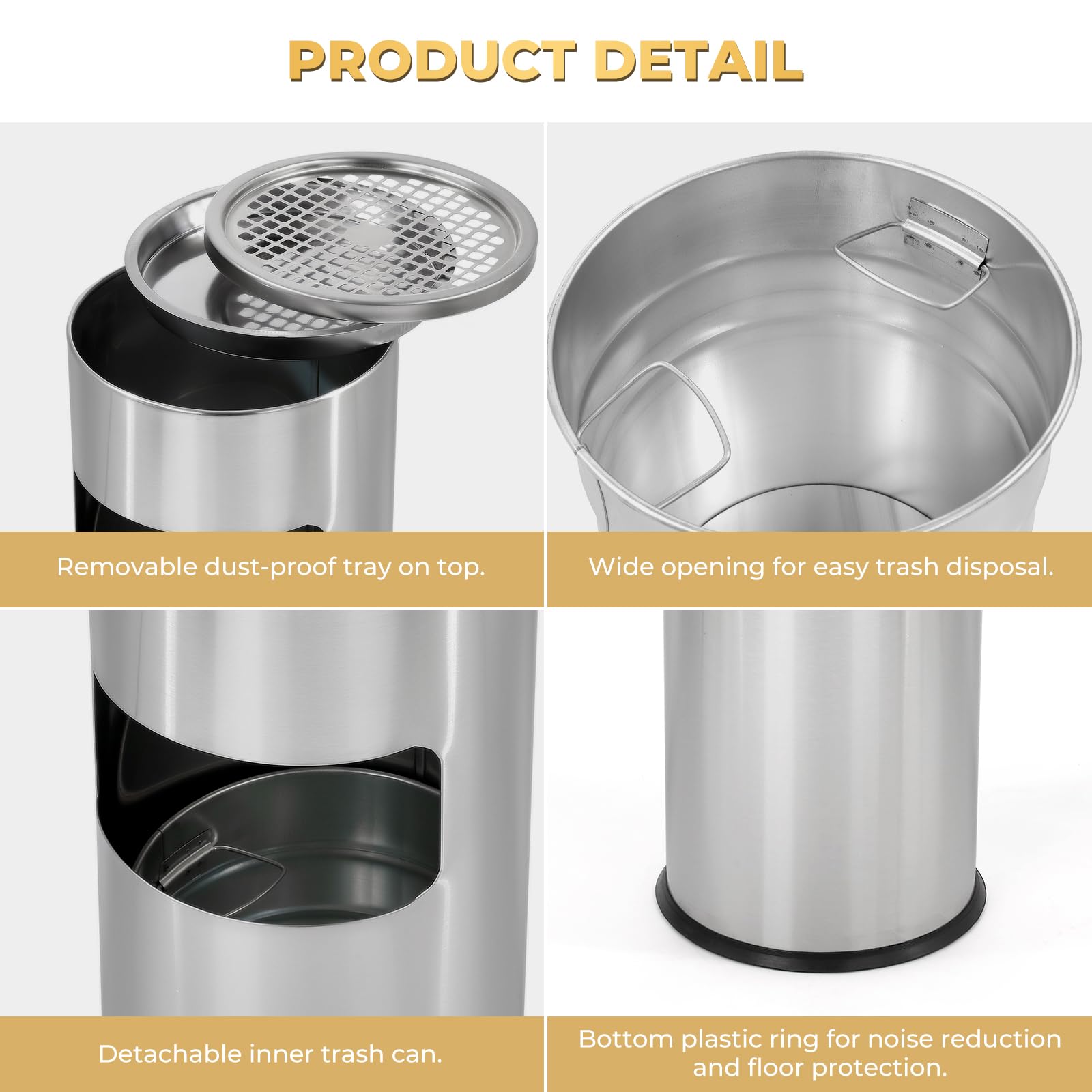 Trash Can Outdoor Waste Container Round Stainless Steel Trash Can with Removable Inner Bucket for Disposal Commercial Waste Container 9.8‘’ x 24‘’