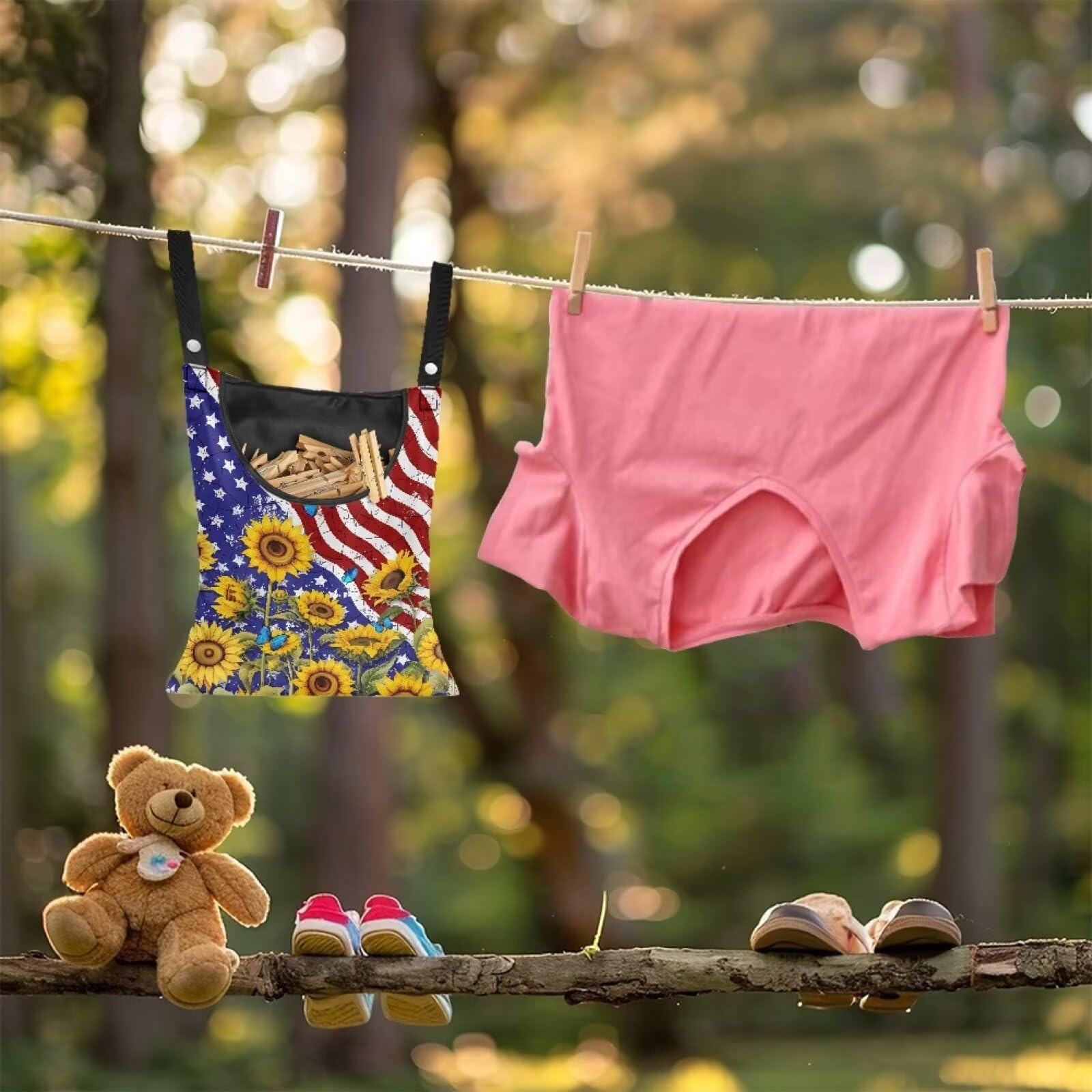 American Flag Clothespin Bags Sunflower Laundry Hanging Storage Organizer Clothes Pin Hanging Bags with Rope Clothespin Holder with an Space