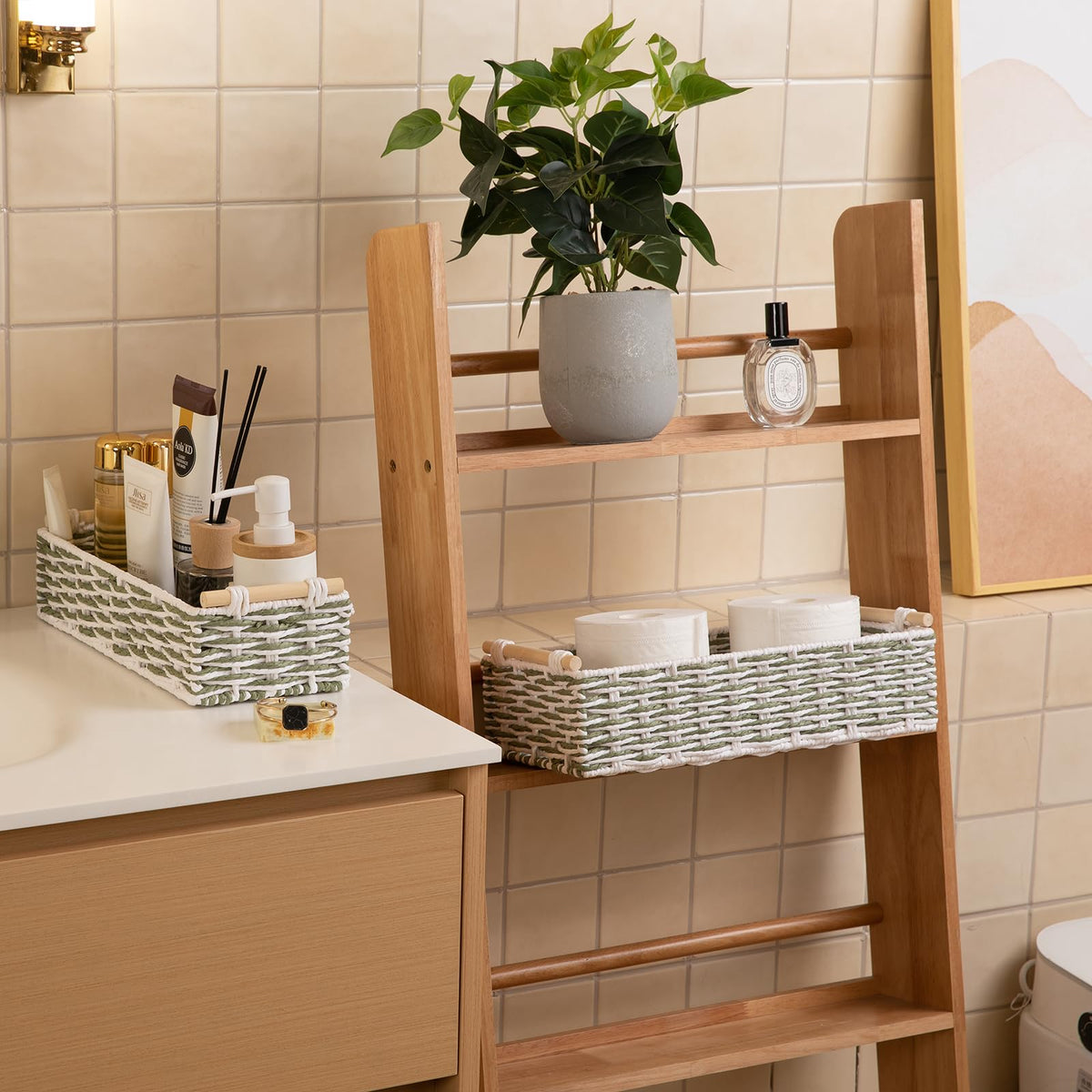 Toilet Paper Baskets Handmade Paper Rope Decorative Wicker Storage Tank Shelf Cabinet Organizer for Bathroom Home (2 Count)
